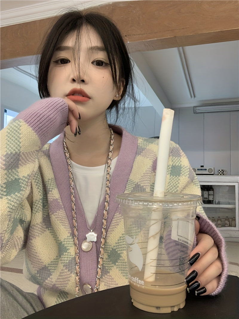 Sixsr Plaid Button Down Knit Cardigan, Casual Long Sleeve Loose Sweater, Women's Clothing