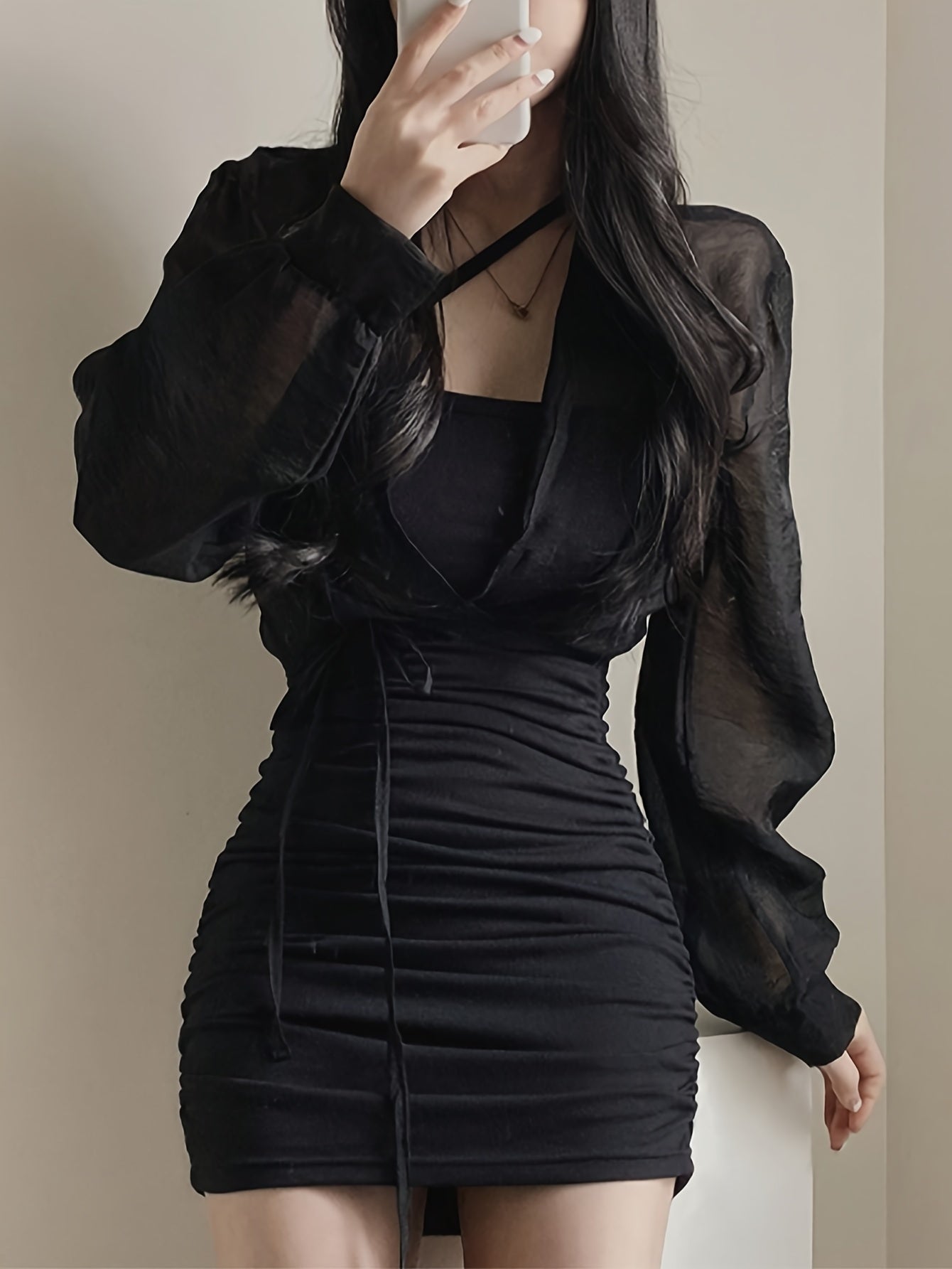 Sixsr Solid Wrap Tie Crop Mesh Blouse, Versatile Long Sleeve Blouse For Spring & Fall, Women's Clothing