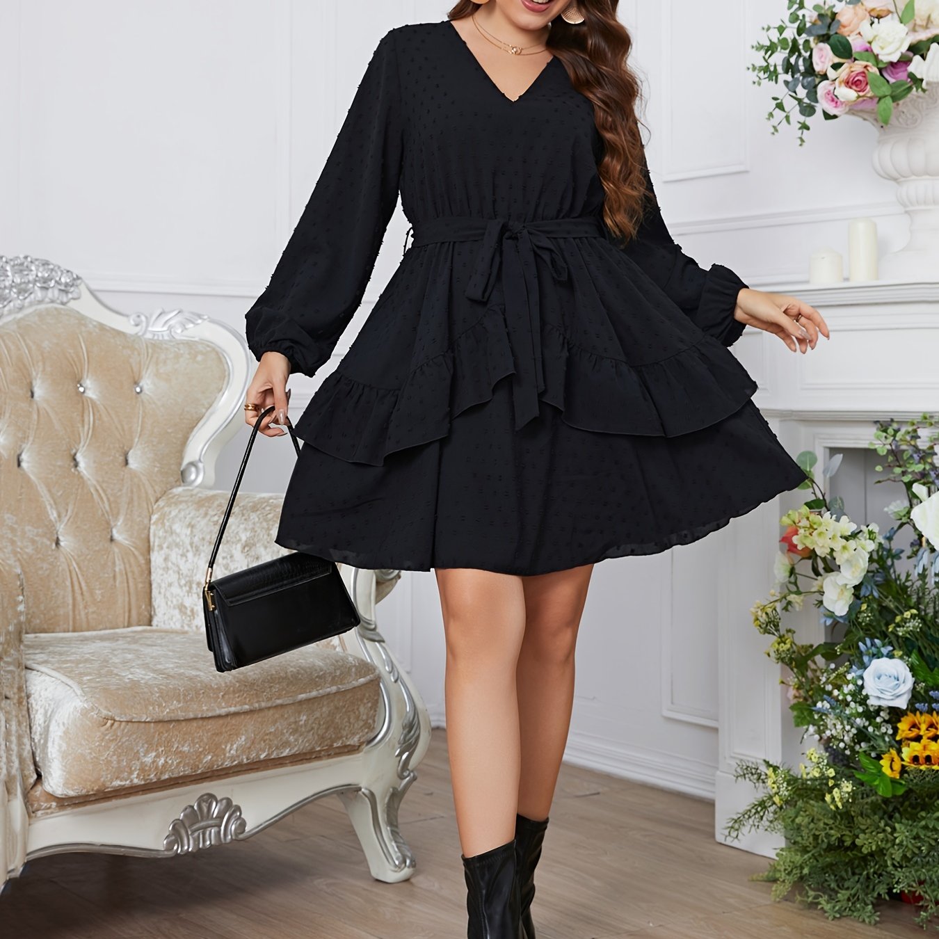 Sixsr Plus Size V Neck Long Sleeve Belted Midi Dress, Women's Plus Elegant Peplum Going Out Elegant Midi Dress
