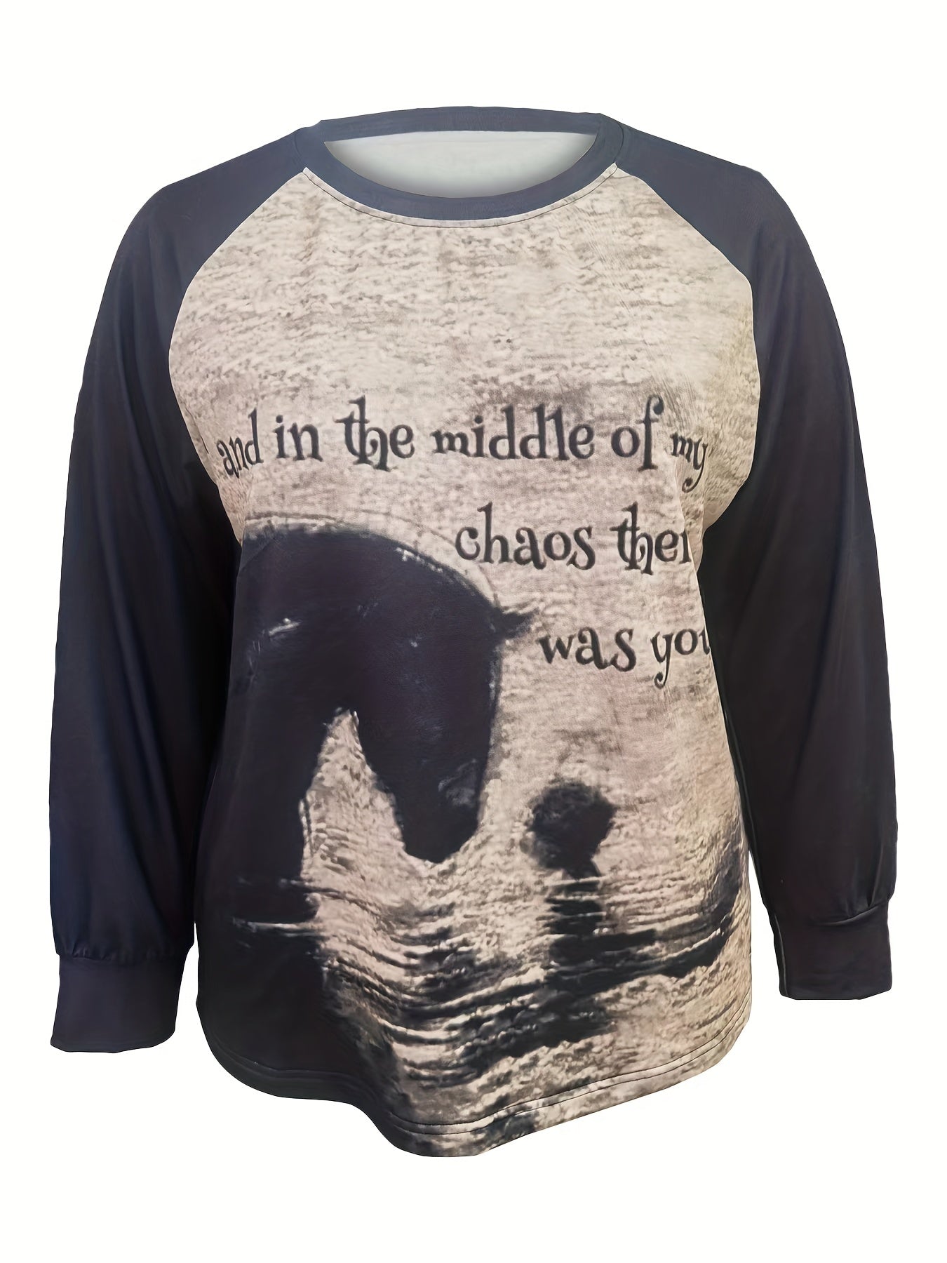 Sixsr Plus Size Casual Sweatshirt, Women's Plus Colorblock Slogan & Horse Print Long Sleeve Round Neck Sweatshirt