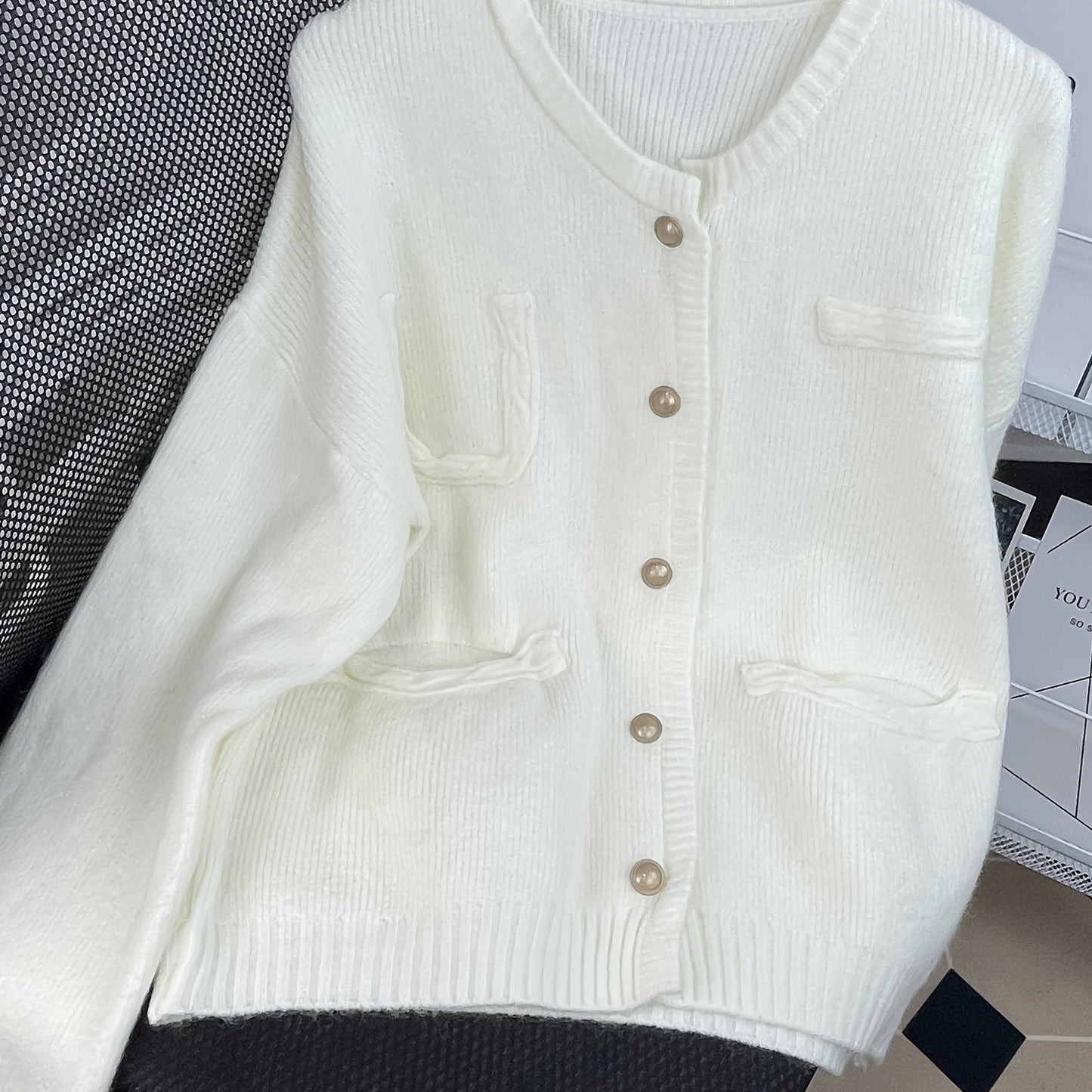 Sixsr Solid Button Down Knit Cardigan, Casual Long Sleeve Pocket Sweater, Women's Clothing