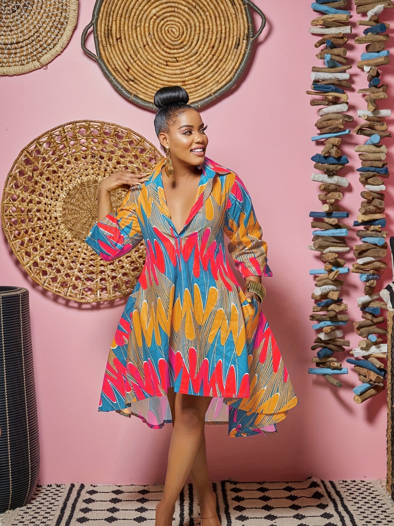 Sixsr Tribal Print Shirt Dress, Long Sleeve Casual Dress For Spring & Fall, Women's Clothing