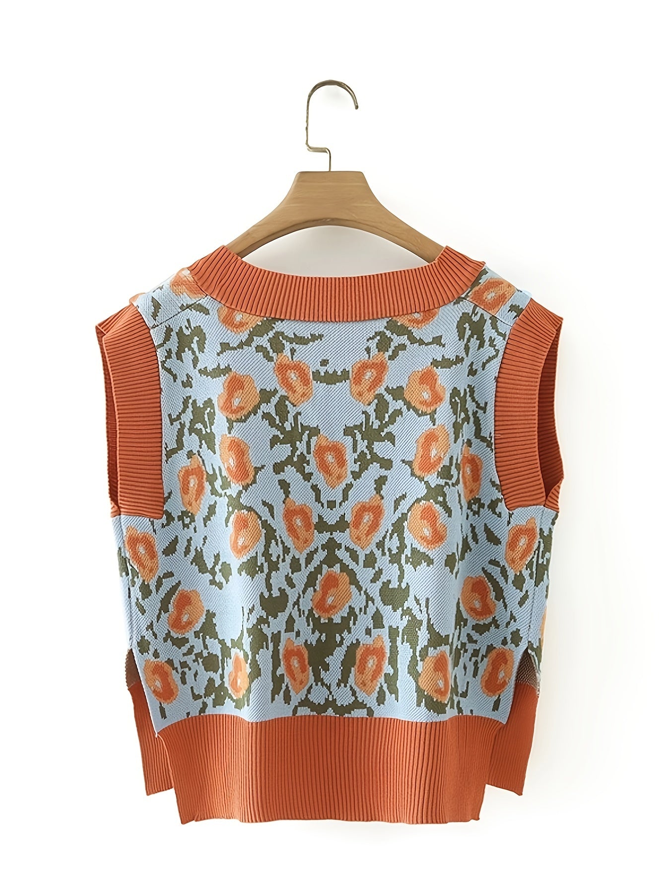 Sixsr Floral Color Block Knitted Sweater Vest, Casual V-neck Sweater Vest, Women's Clothing