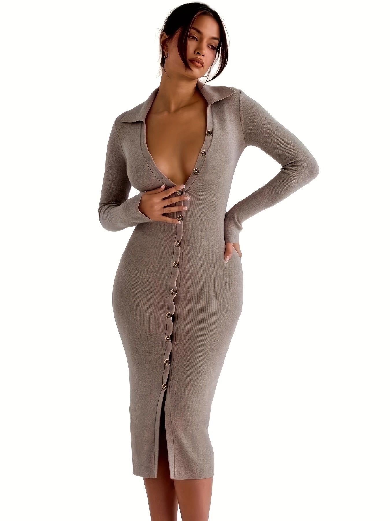 Sixsr Button Front Midi Dress, Casual Long Sleeve Bodycon Dress, Women's Clothing