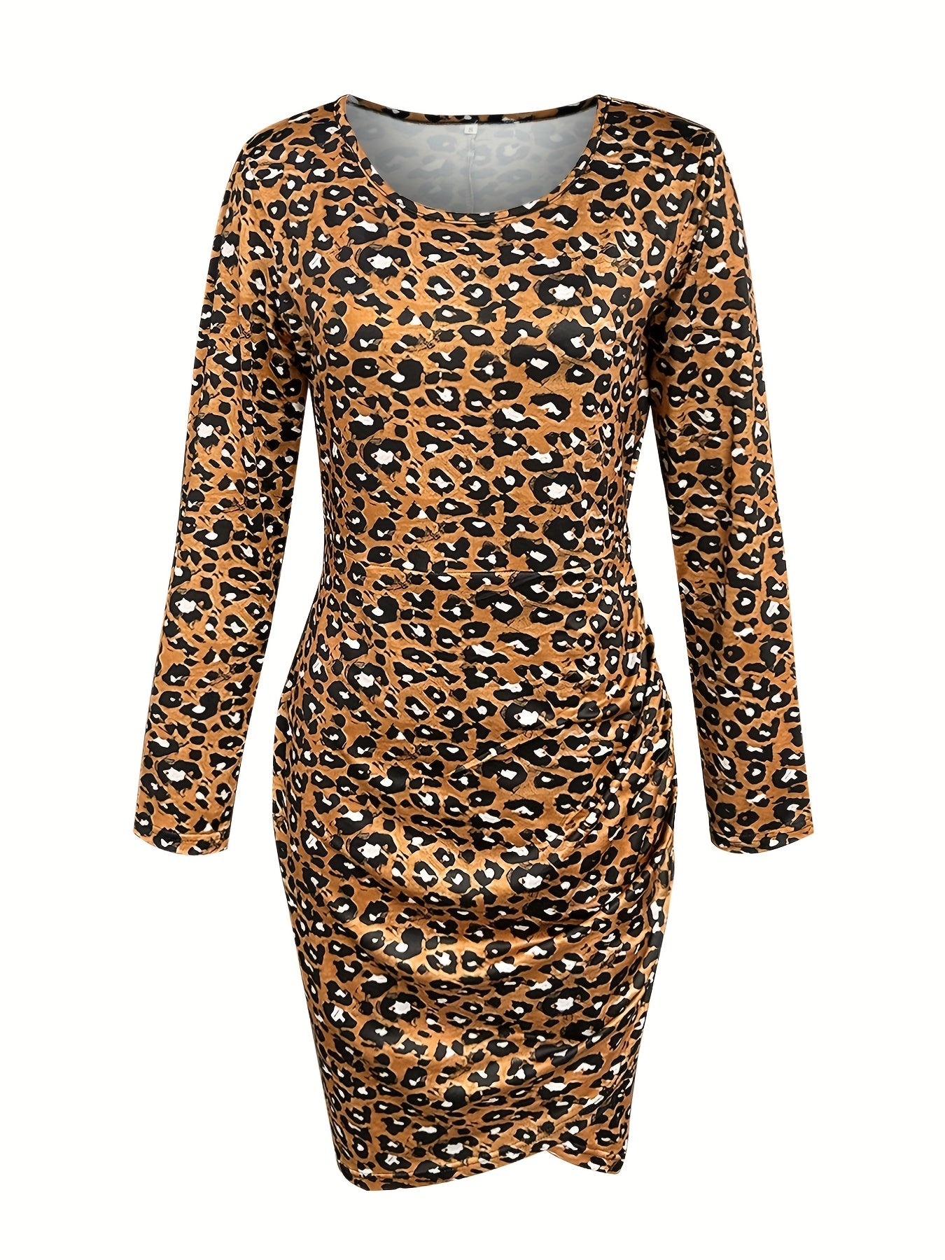 Sixsr Leopard Print Ruched Dress, Casual Crew Neck Long Sleeve Dress, Women's Clothing