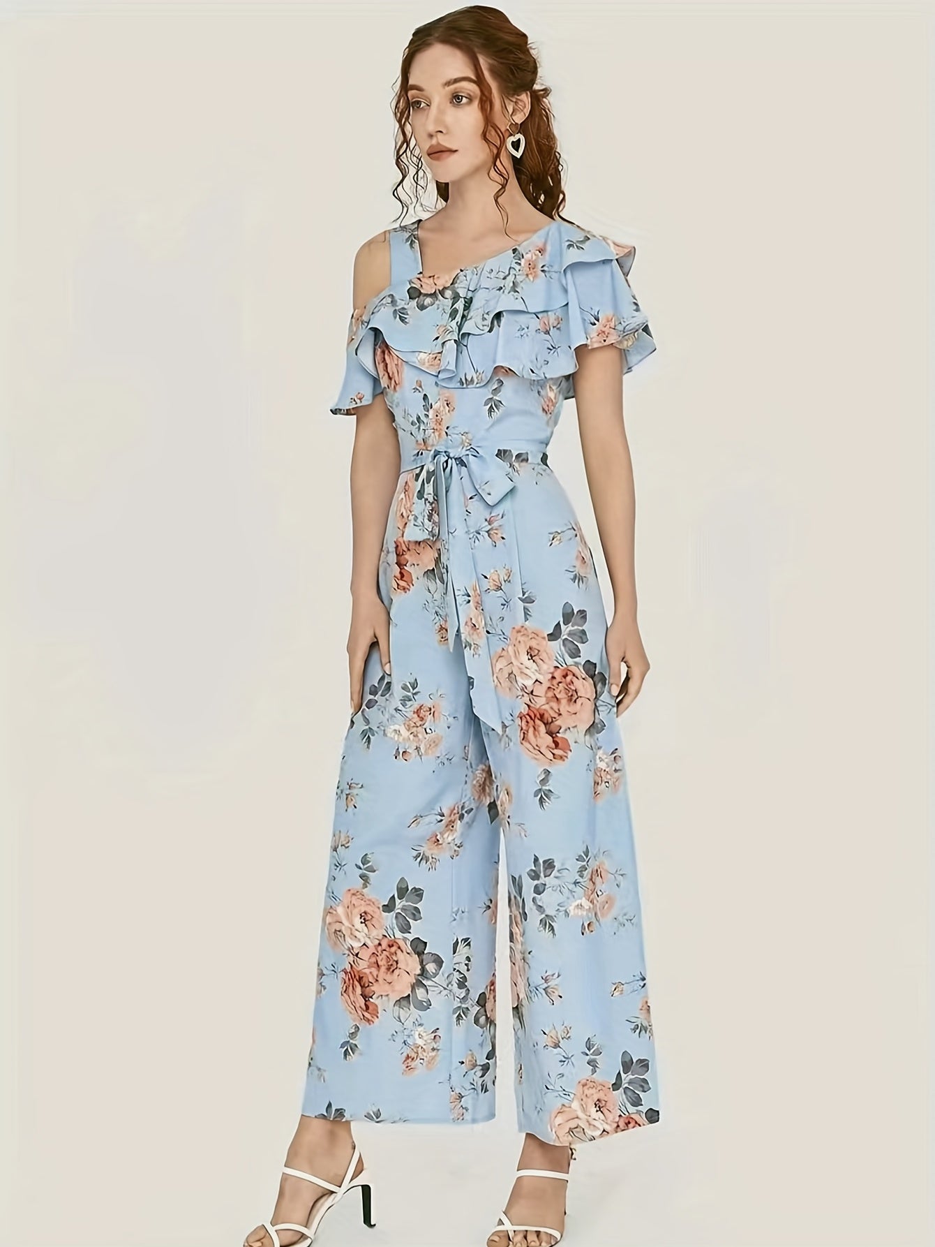 Floral Print Wide Leg Jumpsuit, Boho Ruffle Layered Hem Jumpsuit For Spring & Summer, Women's Clothing