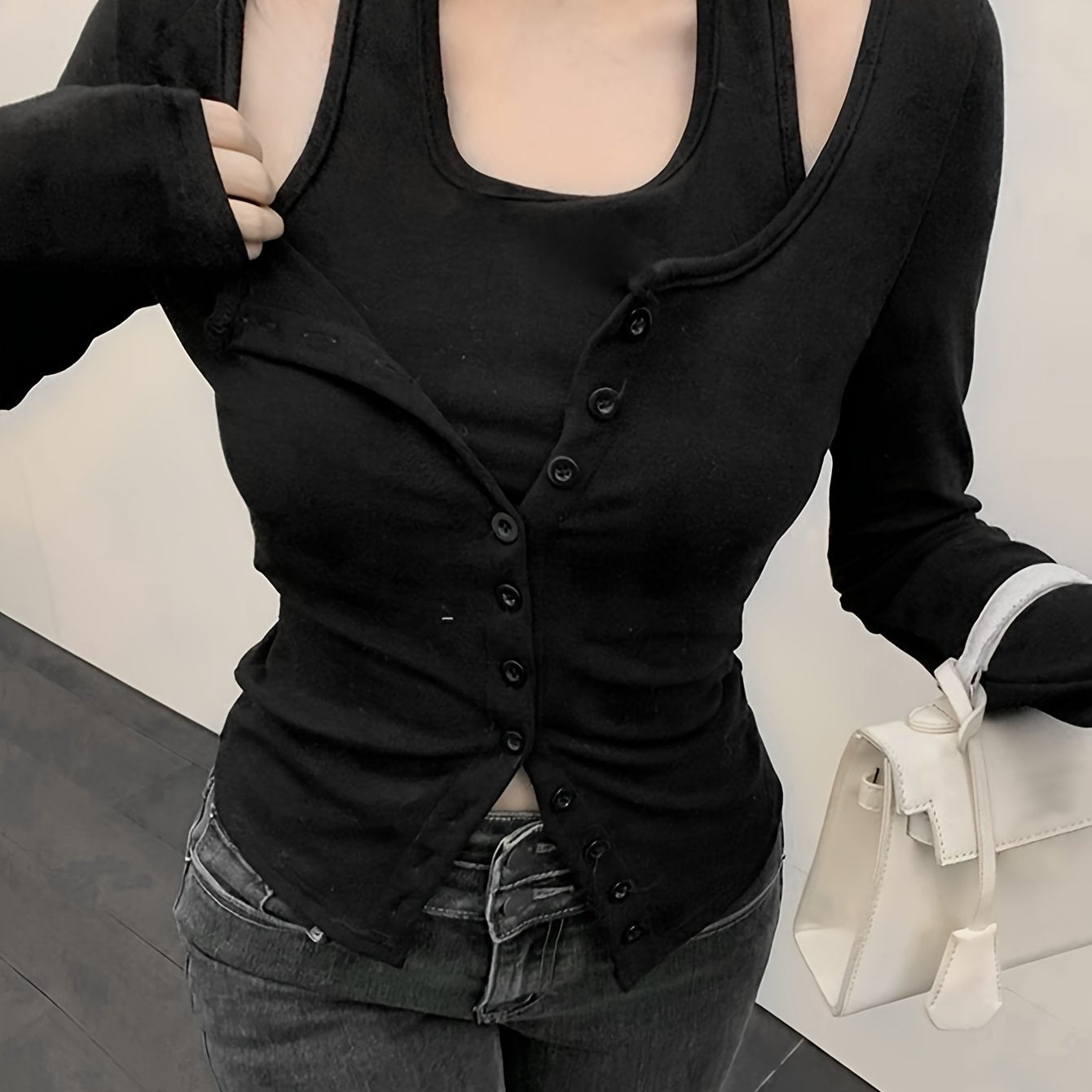 Sixsr Faux Twinset Halter Neck Top, Casual Long Sleeve Button Top For Spring & Fall, Women's Clothing