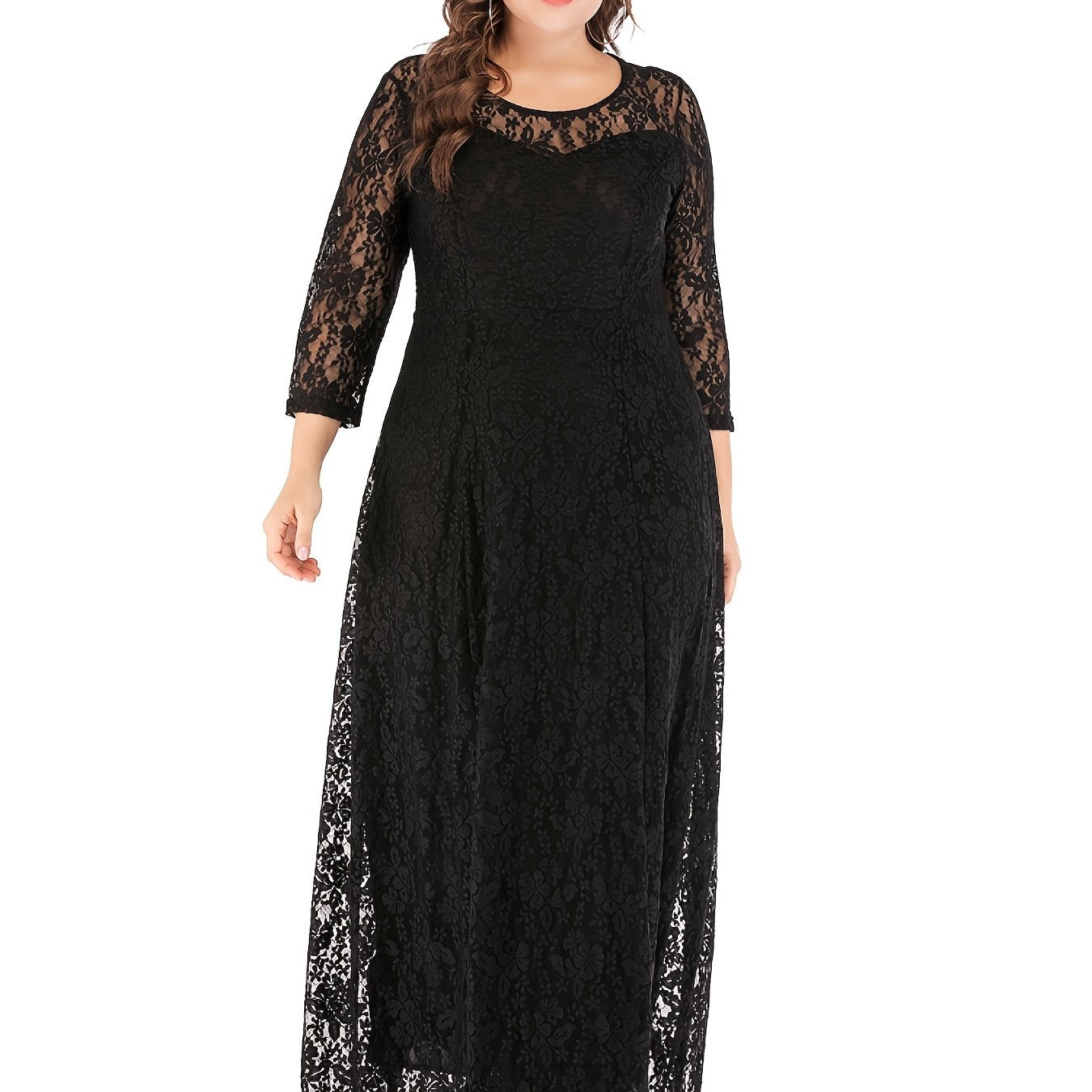 Sixsr Plus Size Romantic Wedding Dress, Women's Plus Floral Lace Long Sleeve Round Neck Lined Formal Party Dress