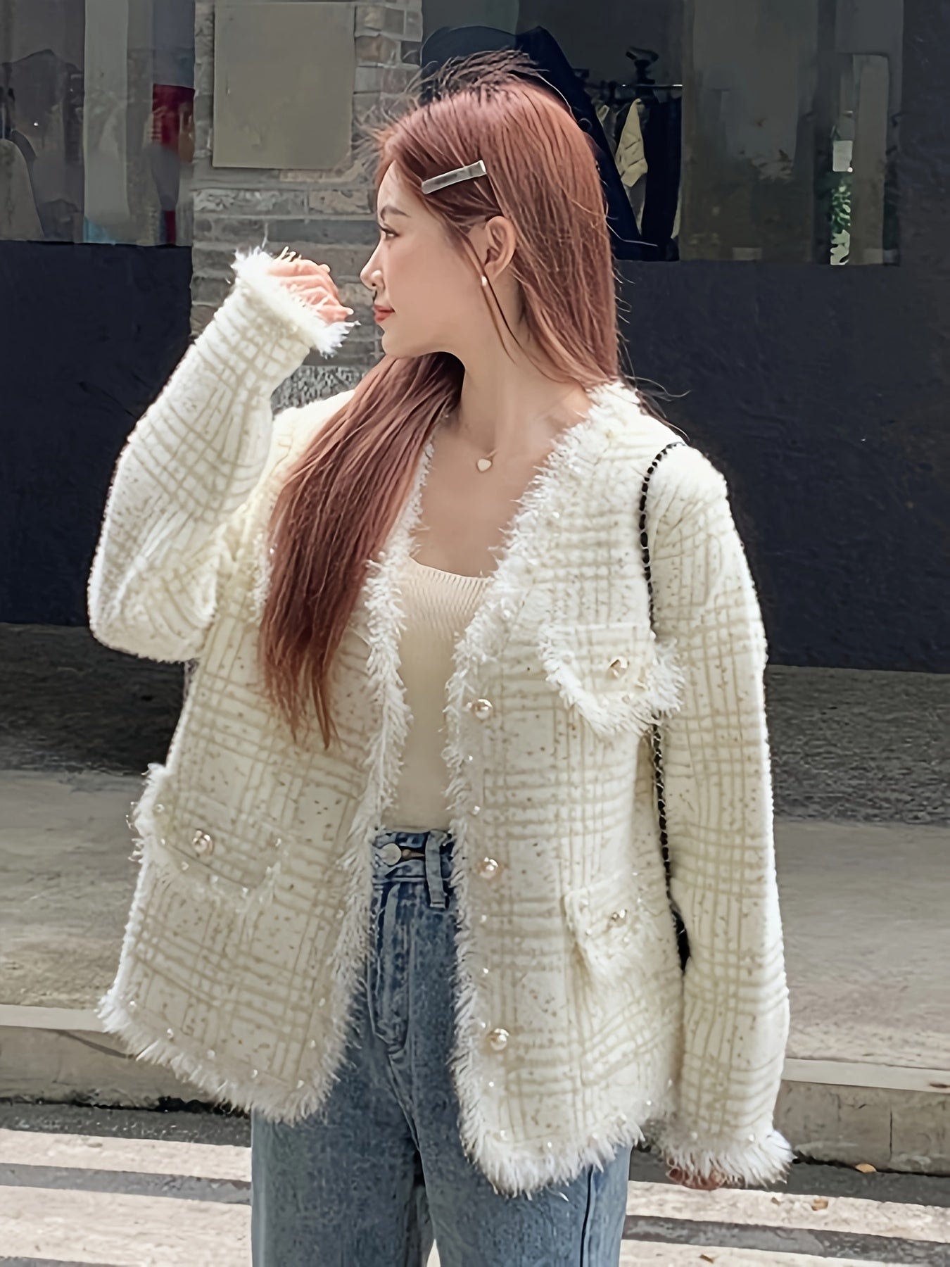 Sixsr Faux Fur Trim Button Front Jacket, Chic Long Sleeve Coat For Fall & Winter, Women's Clothing