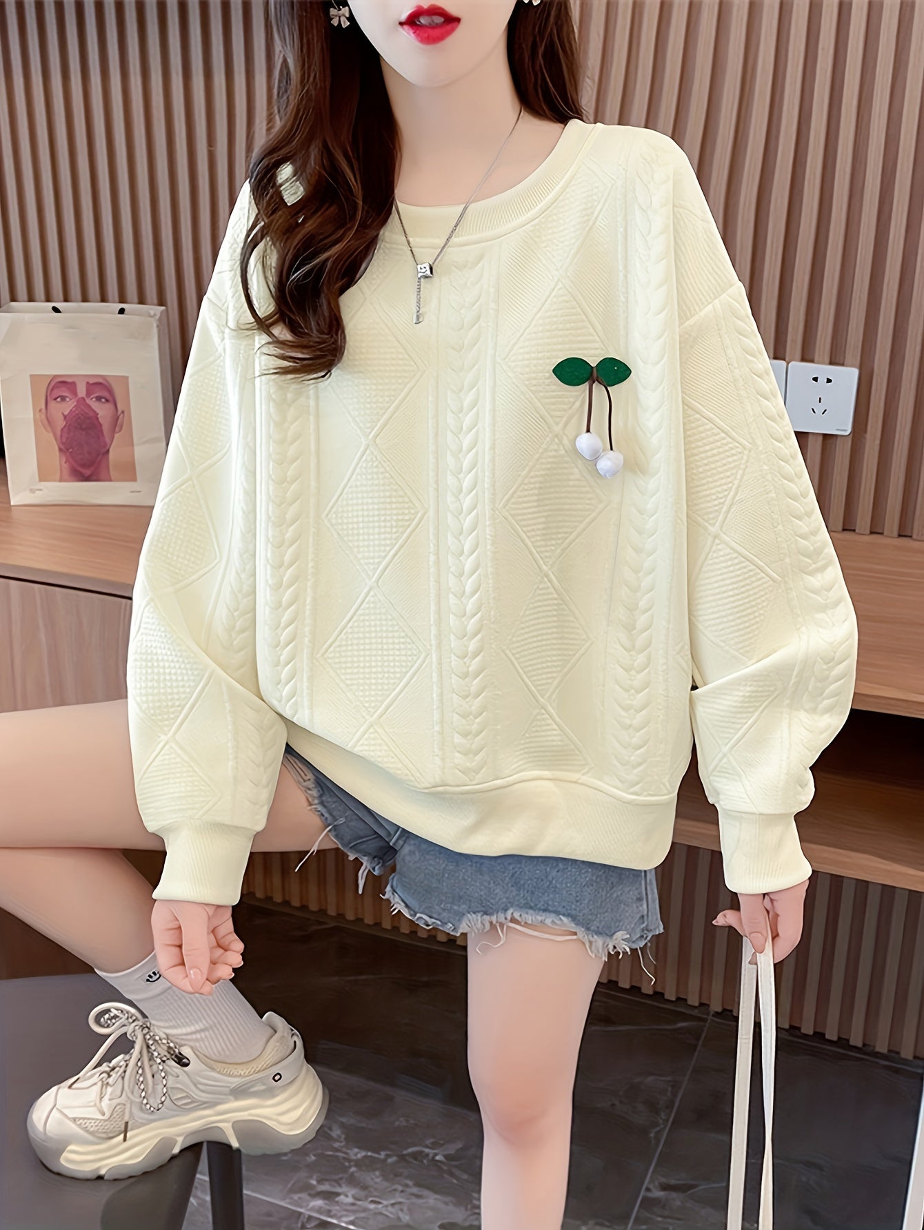 Sixsr Fruit Decor Pullover Textured Sweatshirt, Casual Long Sleeve Crew Neck Sweatshirt For Fall & Winter, Women's Clothing