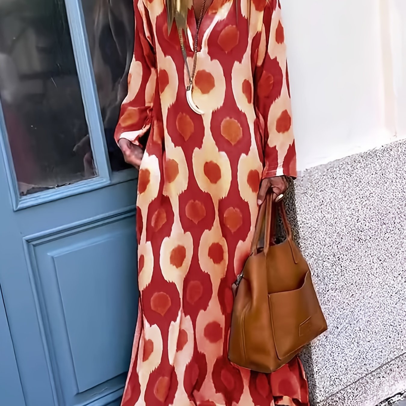 Sixsr Graphic Print Split Dress, Vintage V Neck Long Sleeve Maxi Dress, Women's Clothing