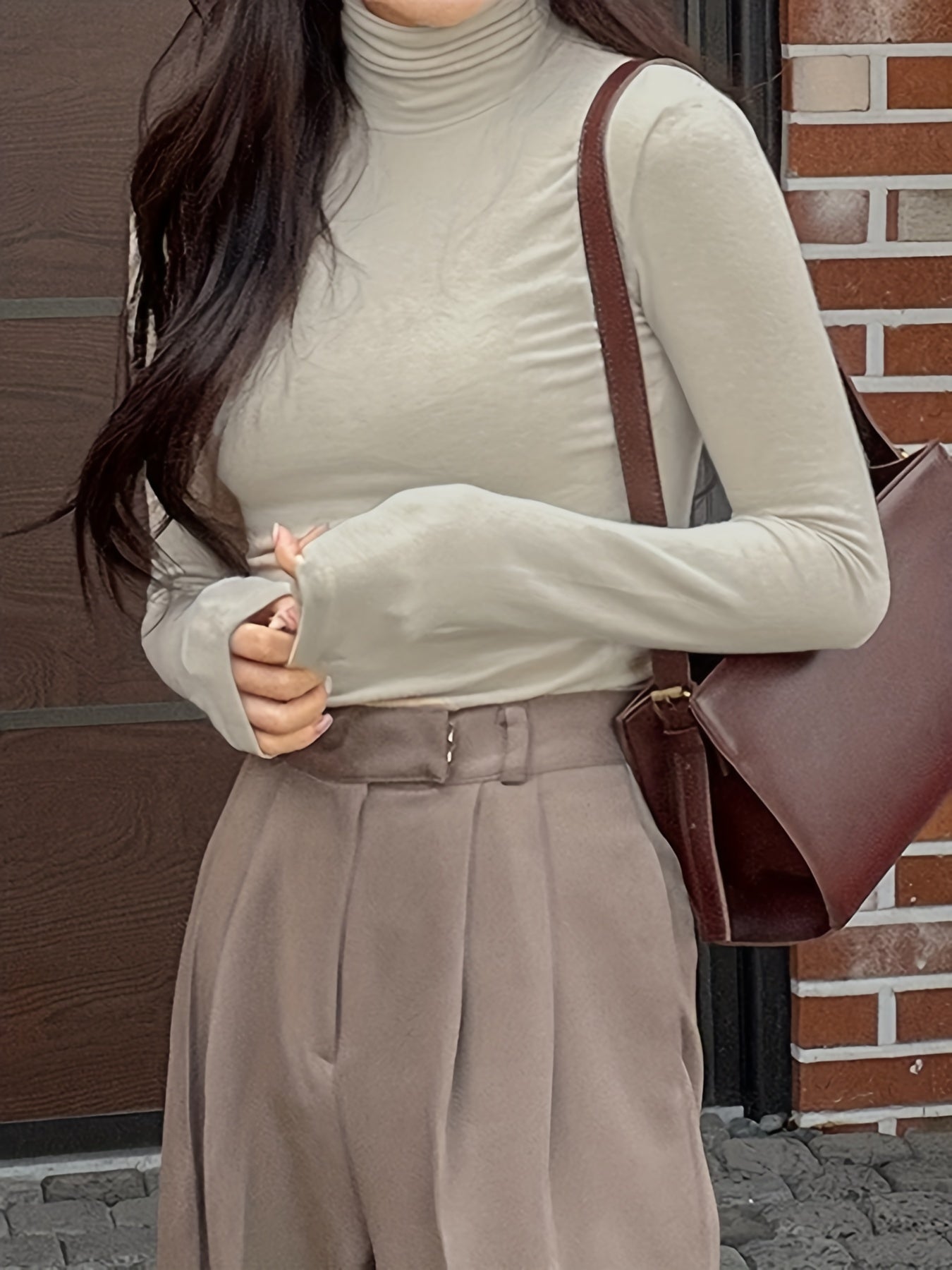 Sixsr Solid Turtle Neck Slim T-Shirt, Casual Long Sleeve T-Shirt For Spring & Fall, Women's Clothing