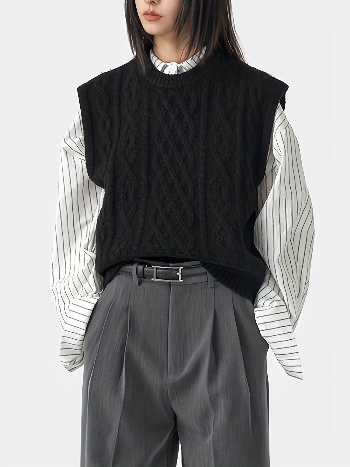 Sixsr Solid Chunky Knitted Sweater Vest, Vintage Crew Neck Sweater Vest For Fall & Winter, Women's Clothing