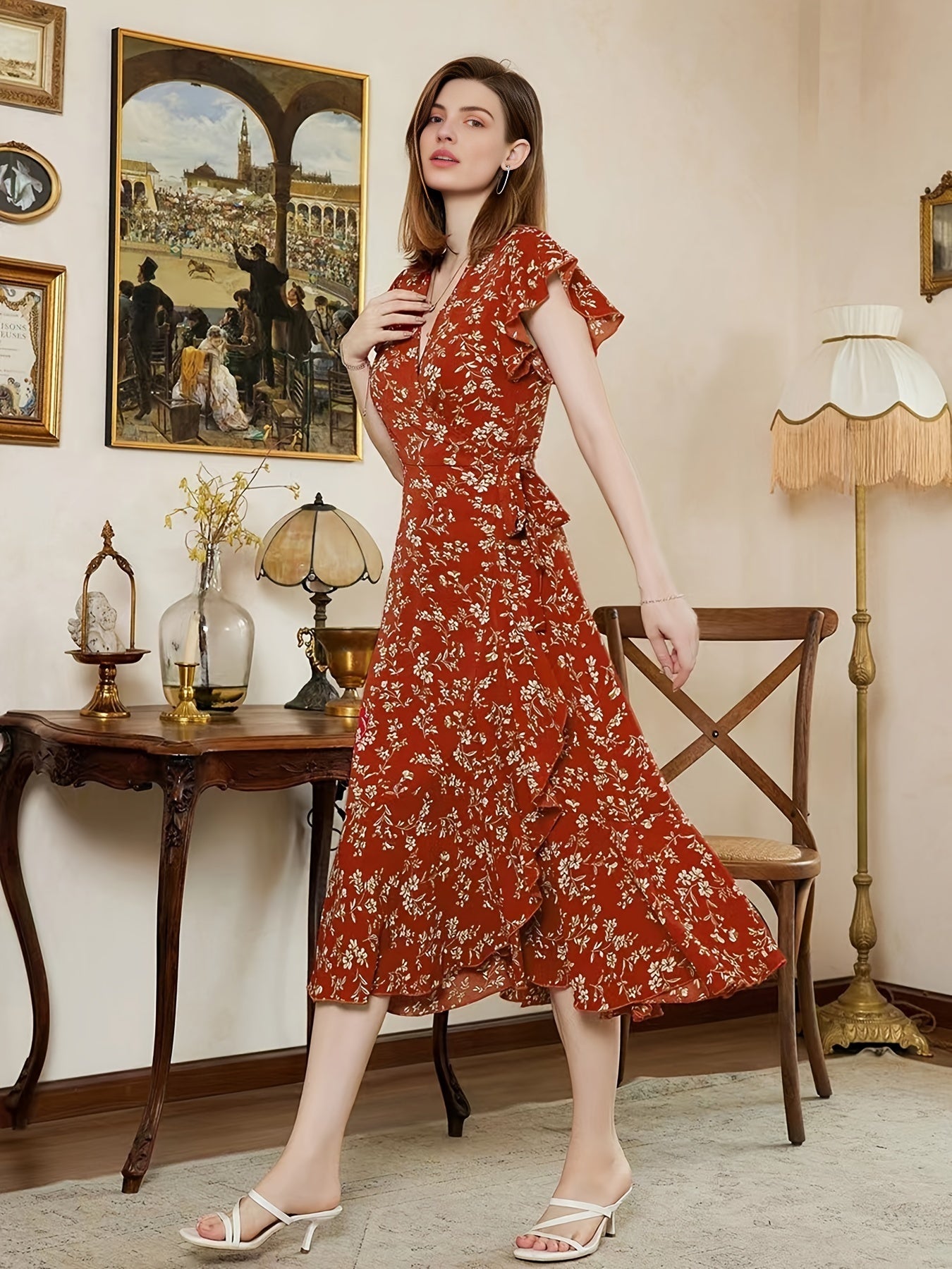 Sixsr Floral Print Vacation Deep V Neck Dress, Elegant Casual Every Day Dress For All Season, Women's Clothing