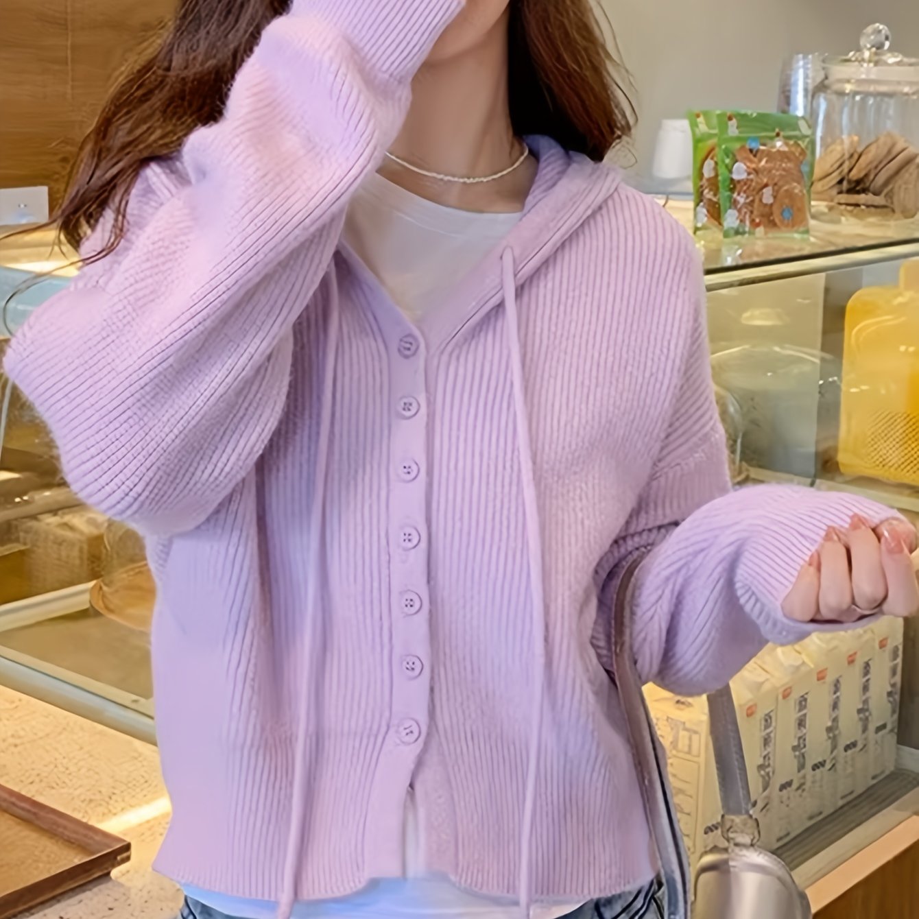 Sixsr Solid Button Down Drawstring Hooded Cardigan, Casual Long Sleeve Knit Sweater, Women's Clothing