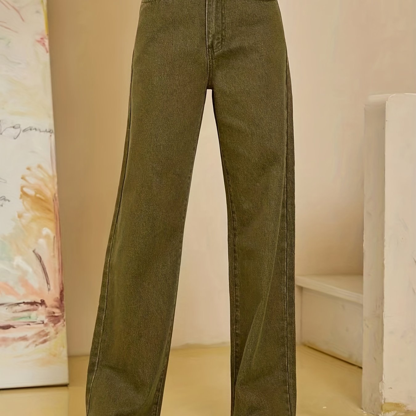 Sixsr Olive Green Frayed Hem Jeans, Solid Color Slant Pocket Straight Leg Denim Pants, Women's Denim Jeans & Clothing
