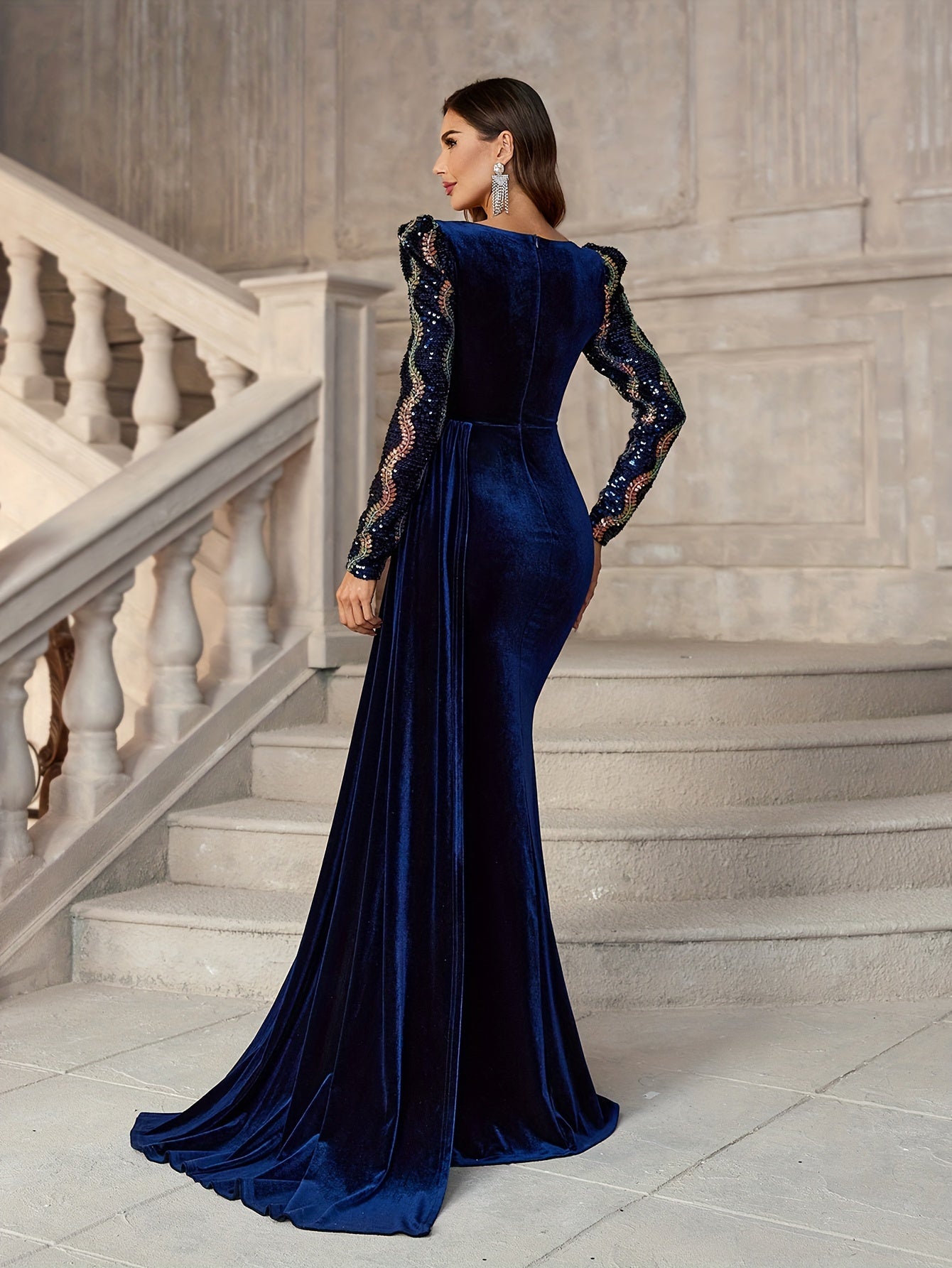 Sequined Bodycon Maxi Dress, Elegant Long Sleeve Sleeve Dress For Party & Banquet, Women's Clothing