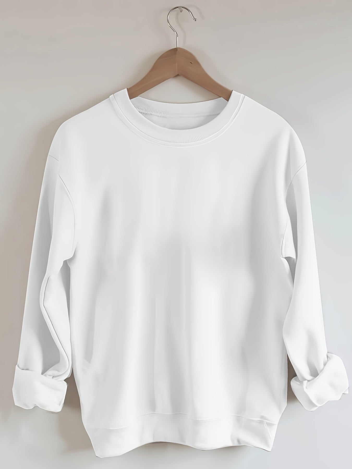 Sixsr Plus Size Casual Sweatshirt, Women's Plus Solid Long Sleeve Drop Shoulder Round Neck Slight Stretch Pullover Sweatshirt