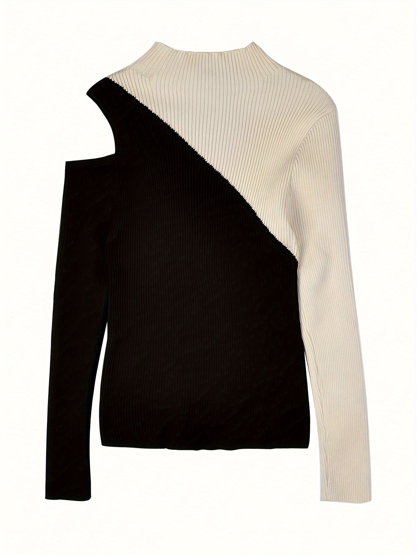 Sixsr Color Block Pullover Sweater, Casual Cold Shoulder Mock Neck Long Sleeve Top, Women's Clothing