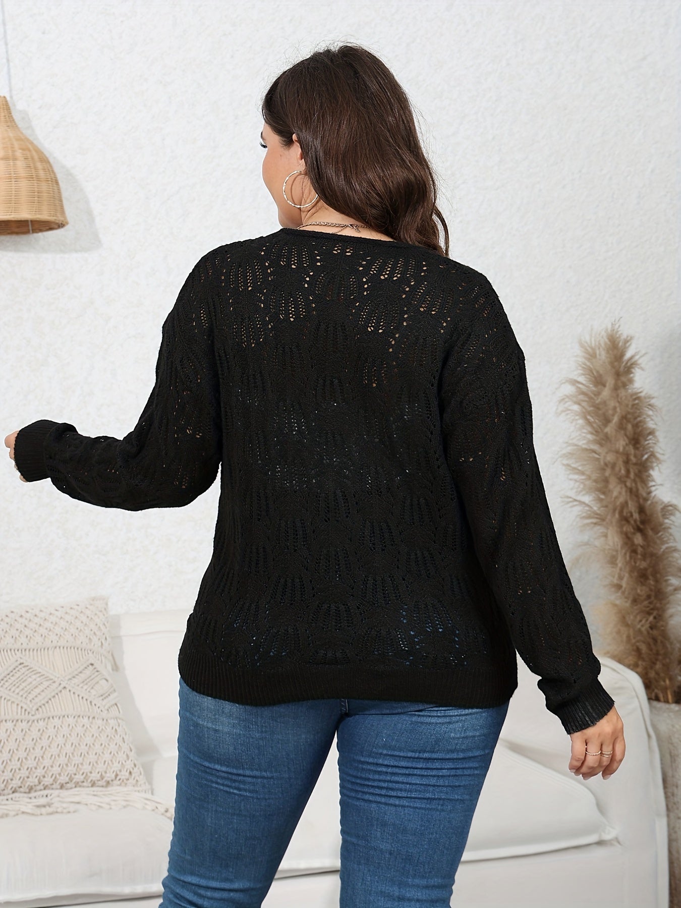 Sixsr Plus Size V Neck Hollow Out Long Sleeve Sweater, Women's Plus Drop Shoulder Slight Stretch Sweater