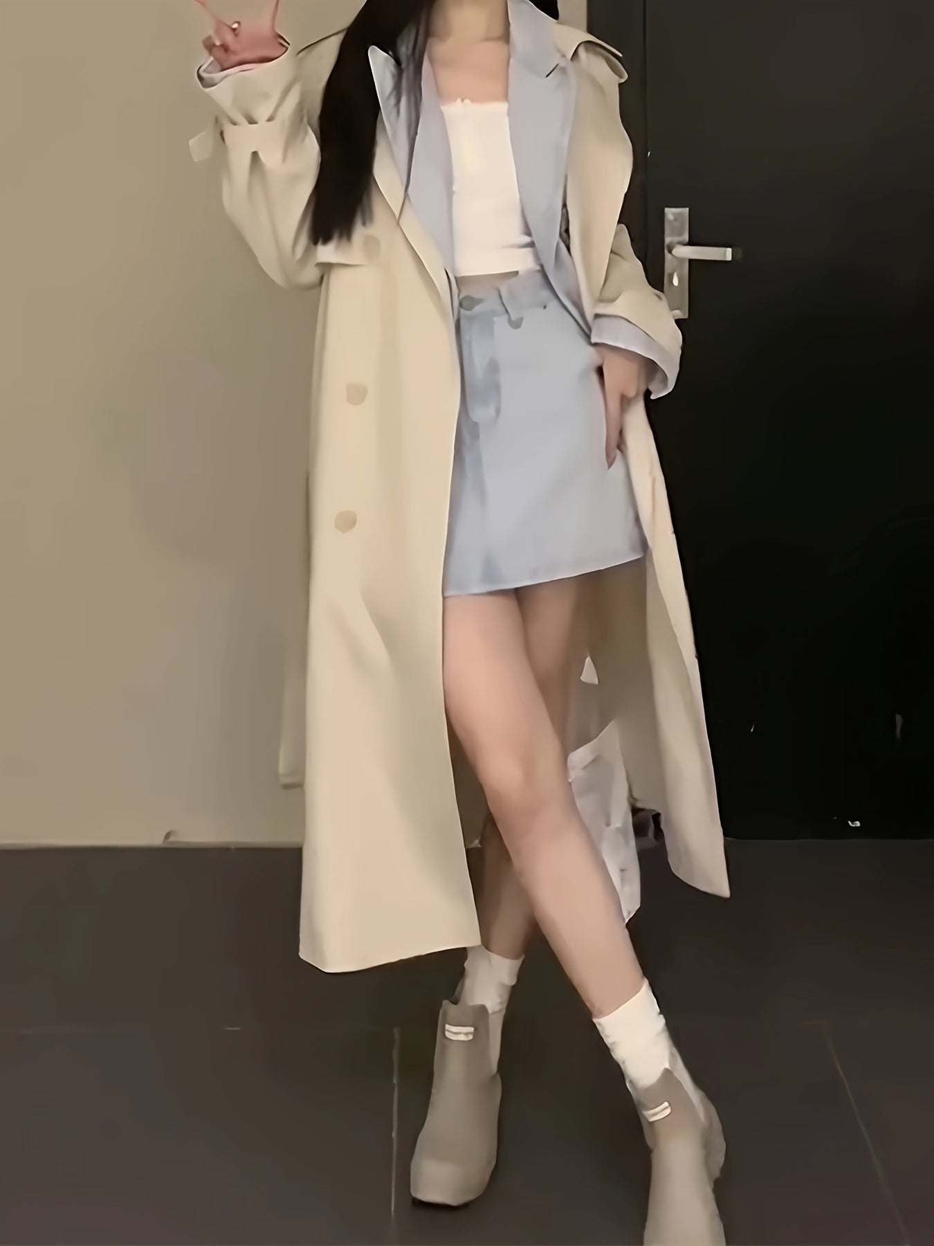 Sixsr Notched Collar Double-breasted Trench Coat, Casual Long Sleeve Midi Coat For Fall & Winter, Women's Clothing