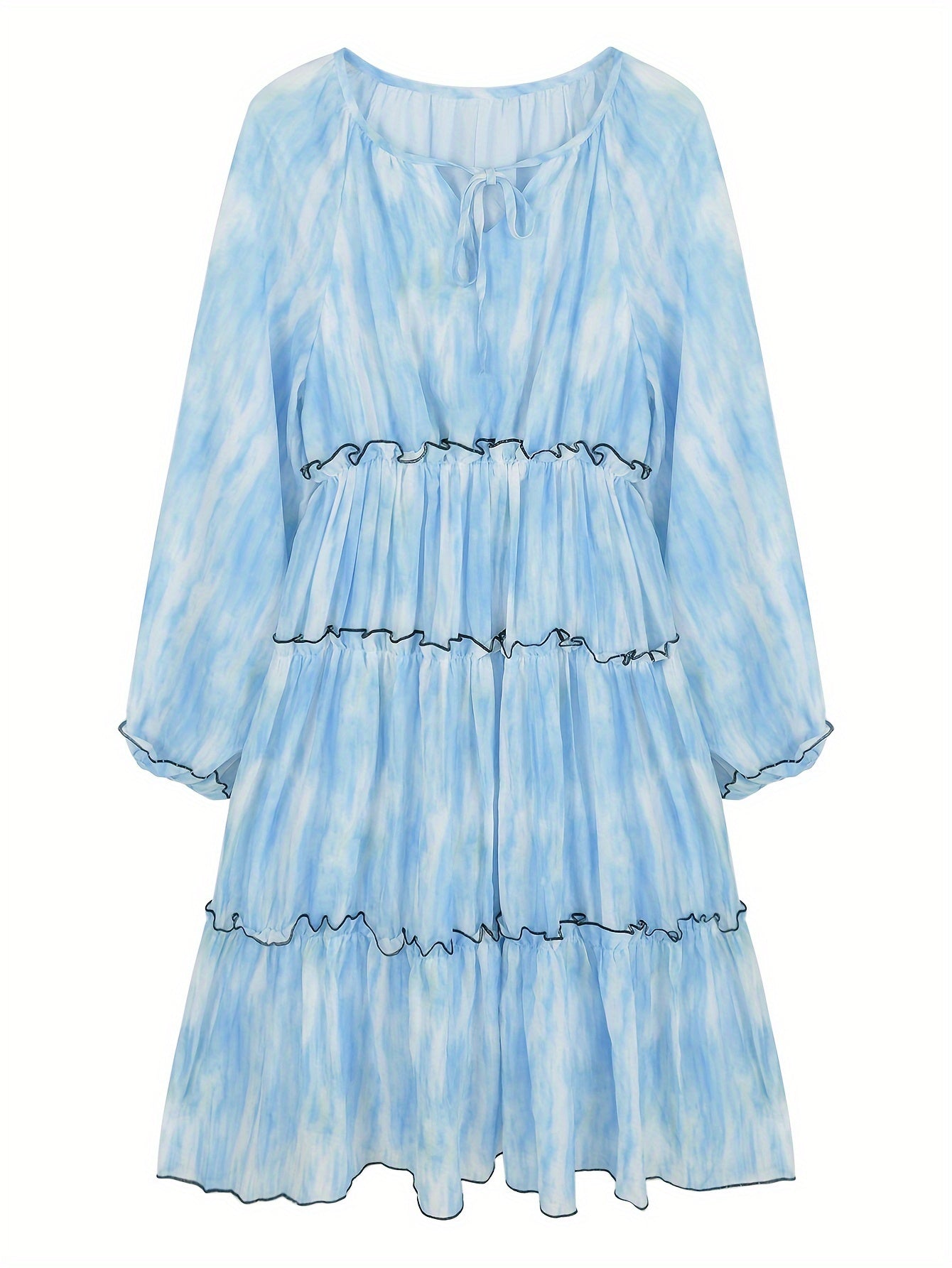 Sixsr Tie Dye Tie Neck Dress, Elegant Long Sleeve Ruffle Trim Dress For Vacation, Women's Clothing