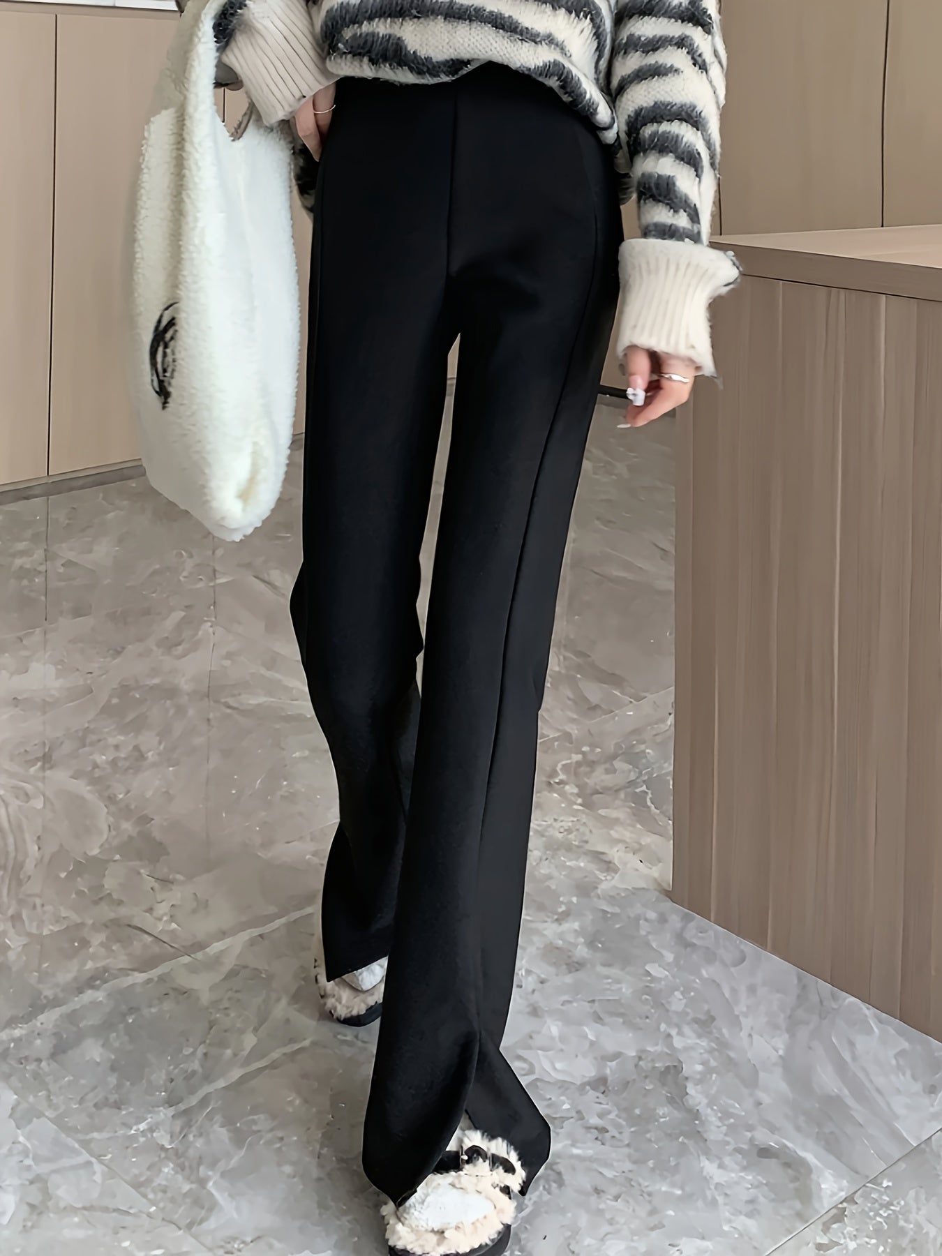 Sixsr Solid Split Flare Sleeve Pants, Casual High Waist Slim Pants For Fall & Winter, Women's Clothing