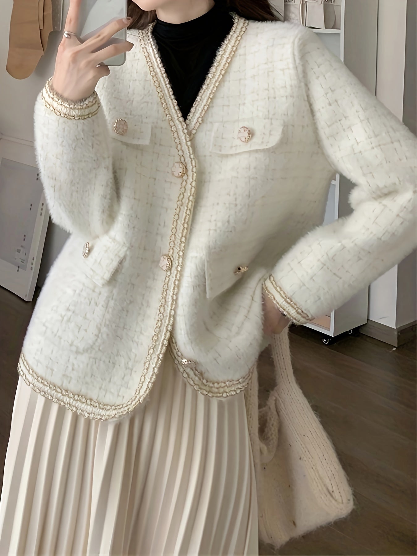 Sixsr Plaid Pattern Button Down Knit Cardigan, Elegant Long Sleeve Pocket Sweater Coat, Women's Clothing