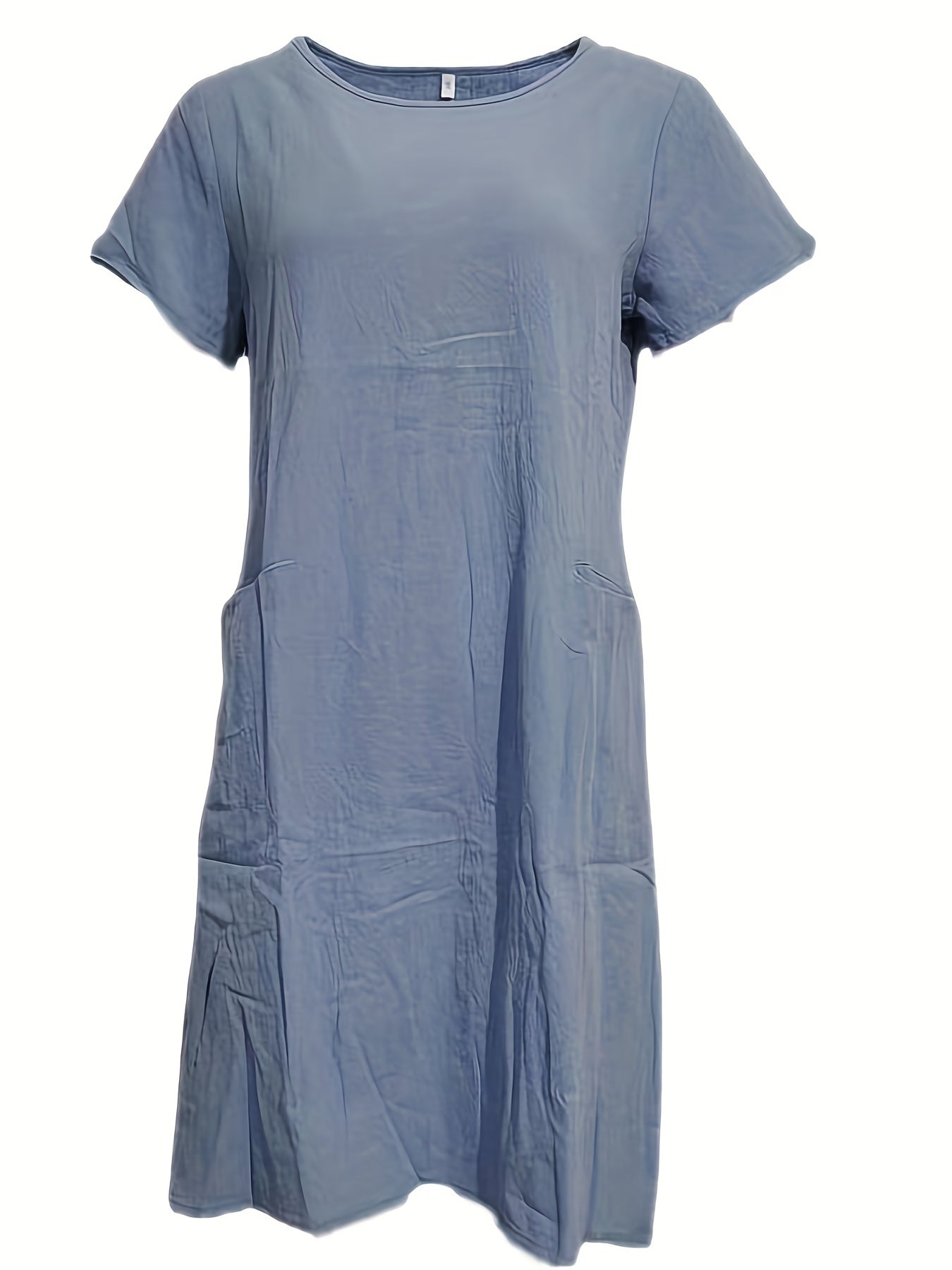 Sixsr Round Neck Pocket Dress, Casual Loose Solid Short Sleeve Spring Summer Knee-Length Dresses, Women's Clothing