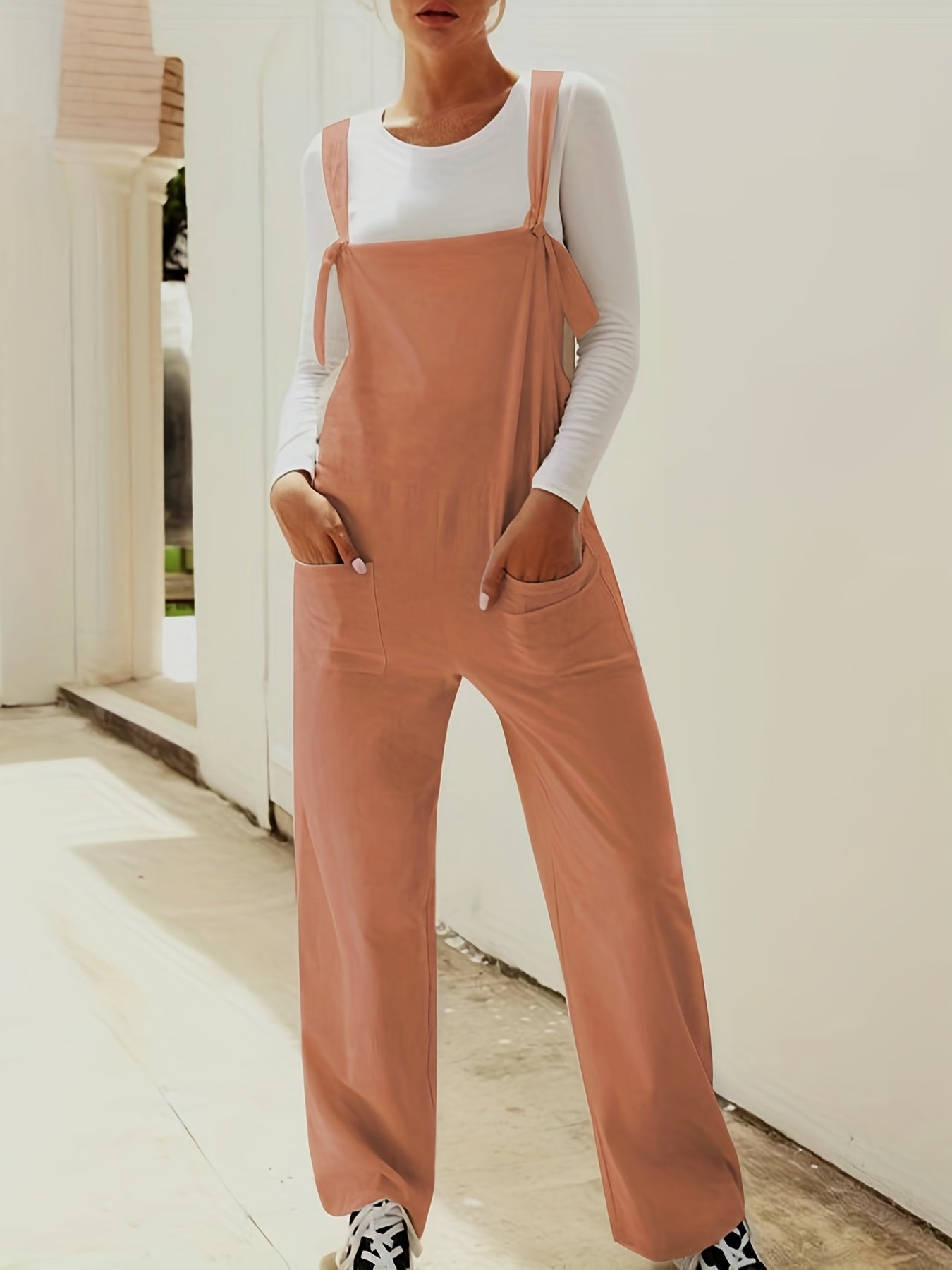 Sixsr Solid Patched Pockets Knot Strap Overall Jumpsuit, Casual Overall Jumpsuit For Spring & Summer, Women's Clothing