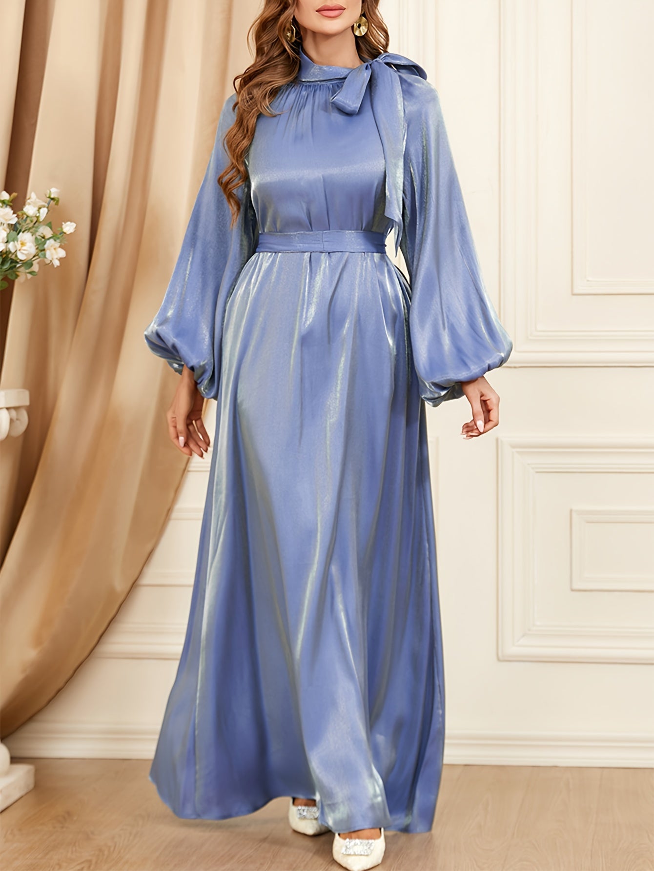 Solid Tie Neck Dress, Elegant Loose Long Sleeve Dress For Party & Banquet, Women's Clothing
