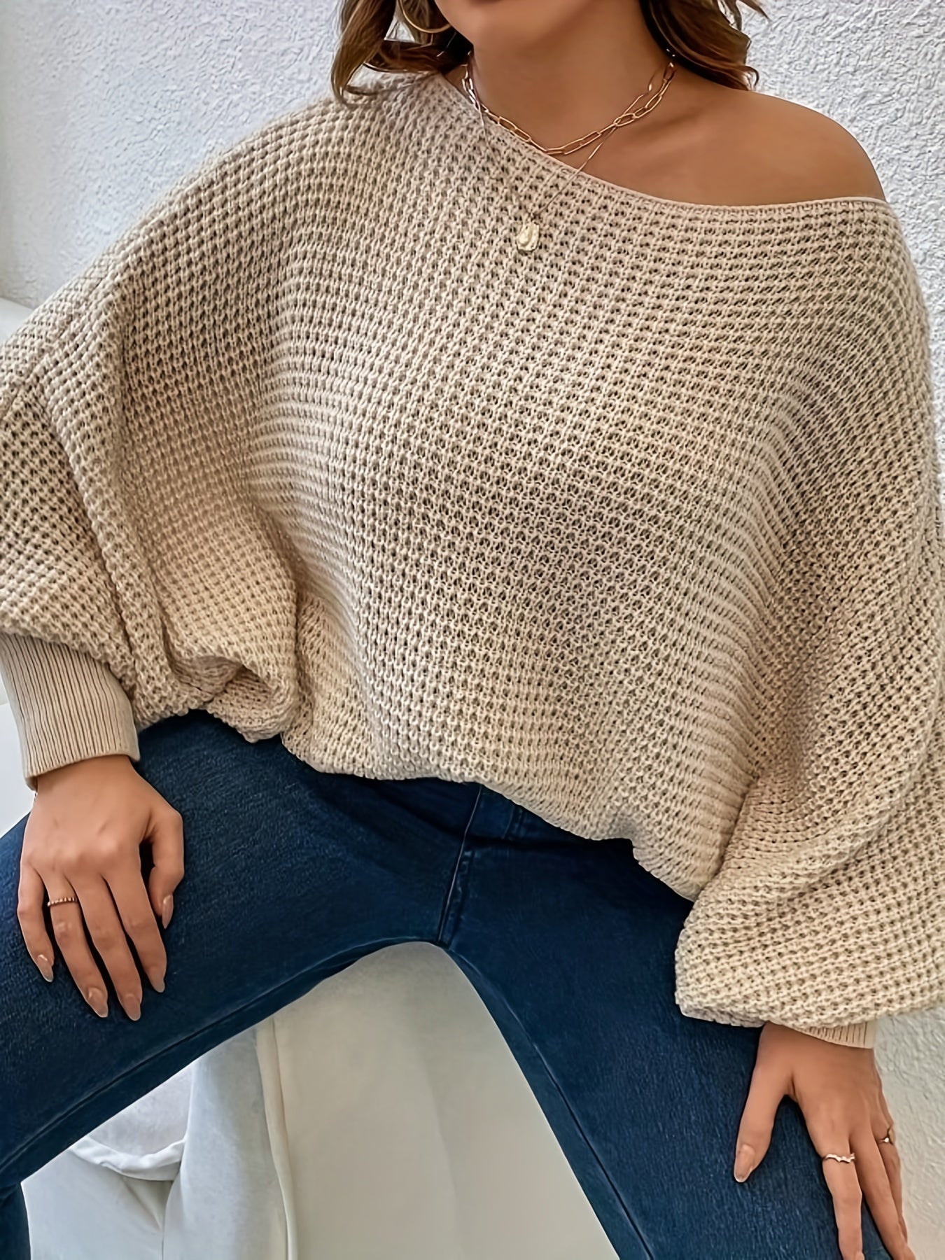 Sixsr Plus Size Casual Sweater, Women's Plus Plain Bat Sleeve Round Neck Slight Stretch Pullover Sweater