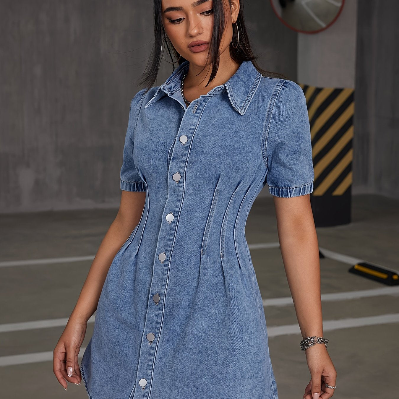 Sixsr Blue Short Sleeves Denim Dress, Single Breasted Button Elegant Lapel Denim Dress, Women's Denim Clothing