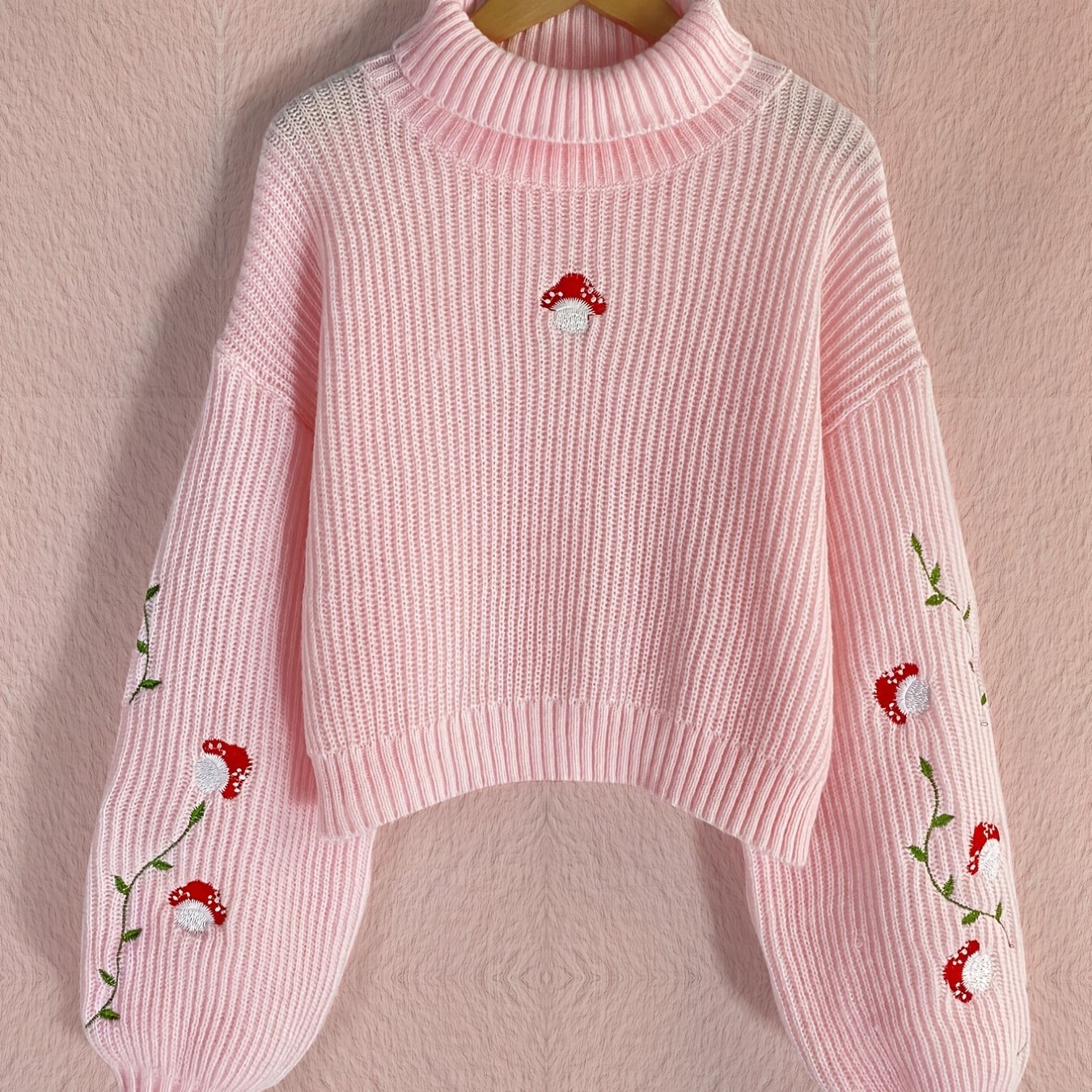 Sixsr Mushroom Print Turtleneck Knit Sweater, Casual Solid Long Sleeve Sweater, Women's Clothing