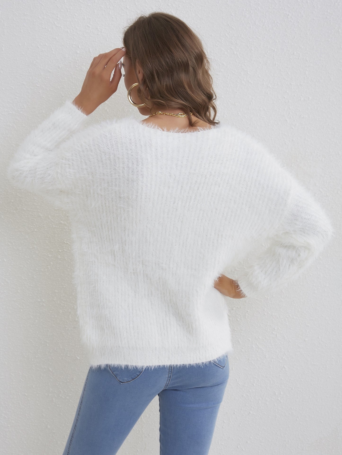 Sixsr Solid Fuzzy Knit Sweater, Elegant V Neck Long Sleeve Sweater For Fall & Winter, Women's Clothing