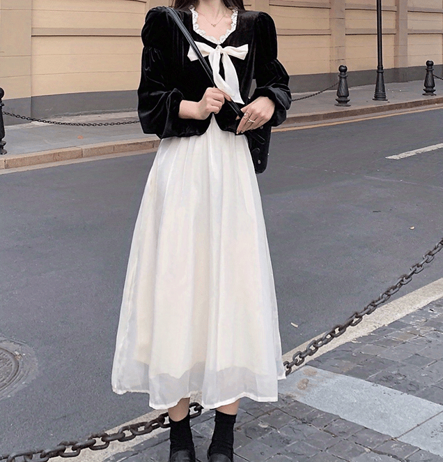 Sixsr Color Block Bow Tie 2 In 1 Dress, Elegant Long Sleeve Midi Dress, Women's Clothing