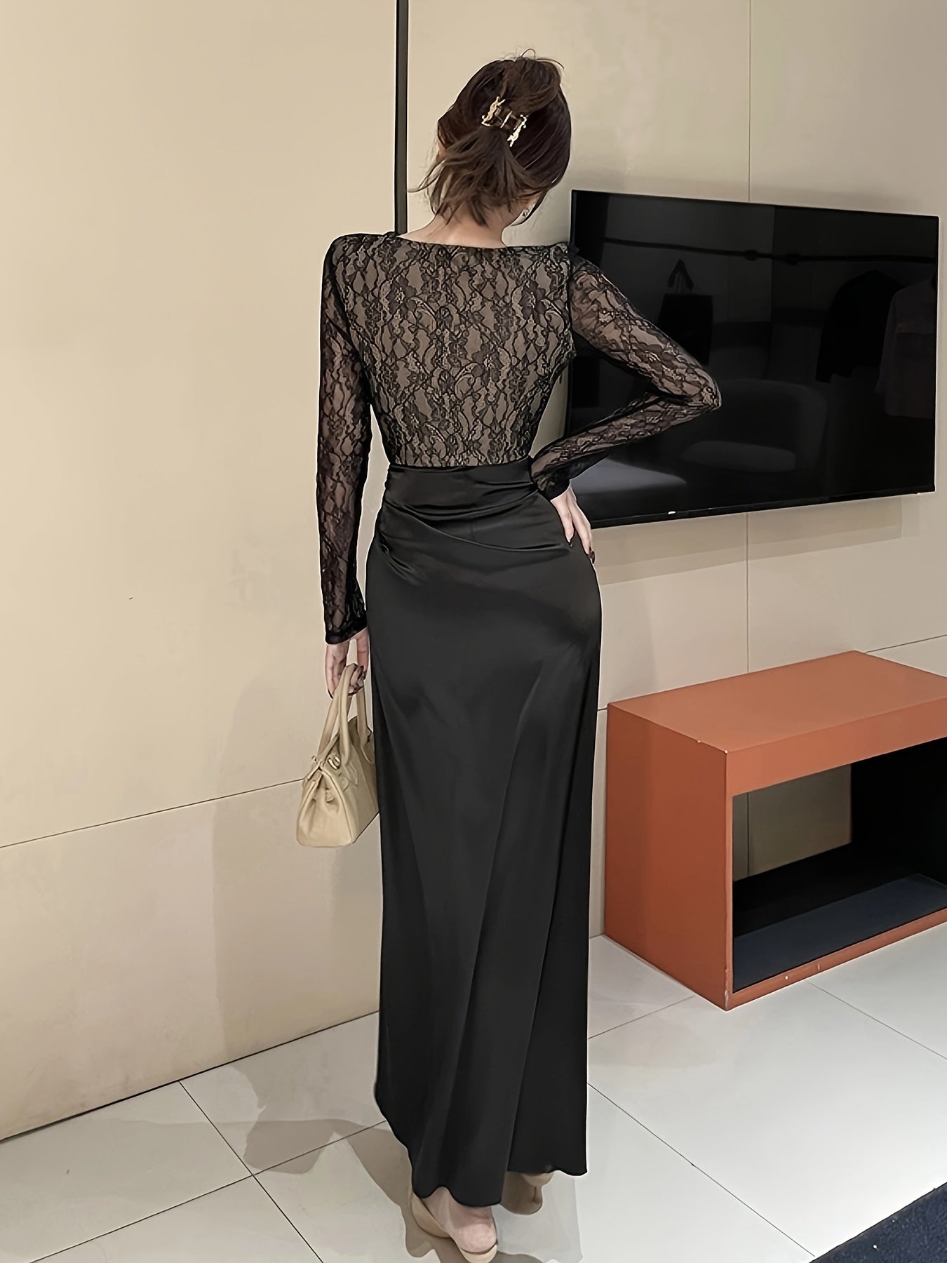 Sixsr Contrast Lace Splicing Dress, Elegant Long Sleeve Dress For Party & Banquet, Women's Clothing