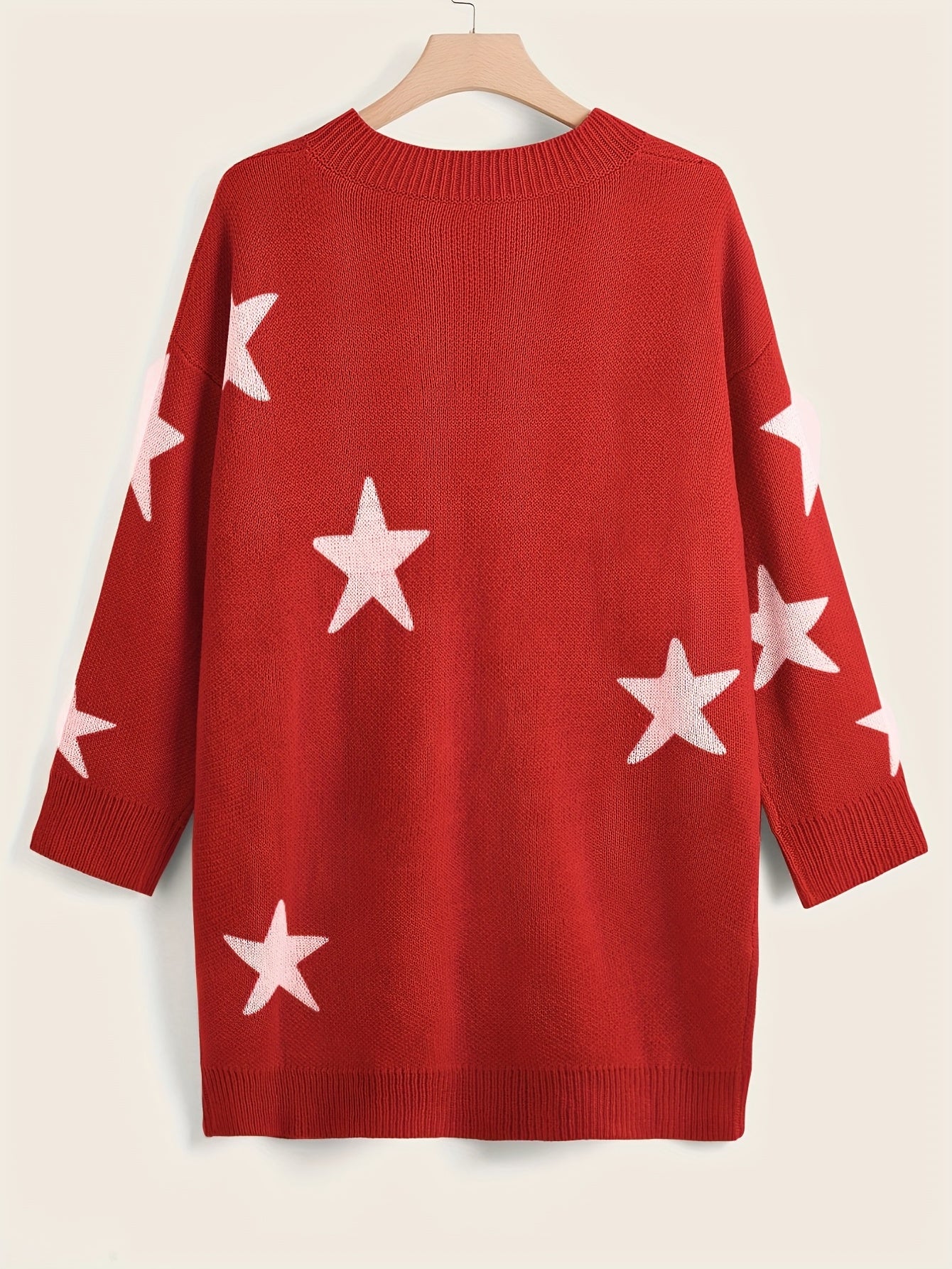 Sixsr Stars Print Sweater Dress, Casual V Neck Long Sleeve Mini Dress, Women's Clothing