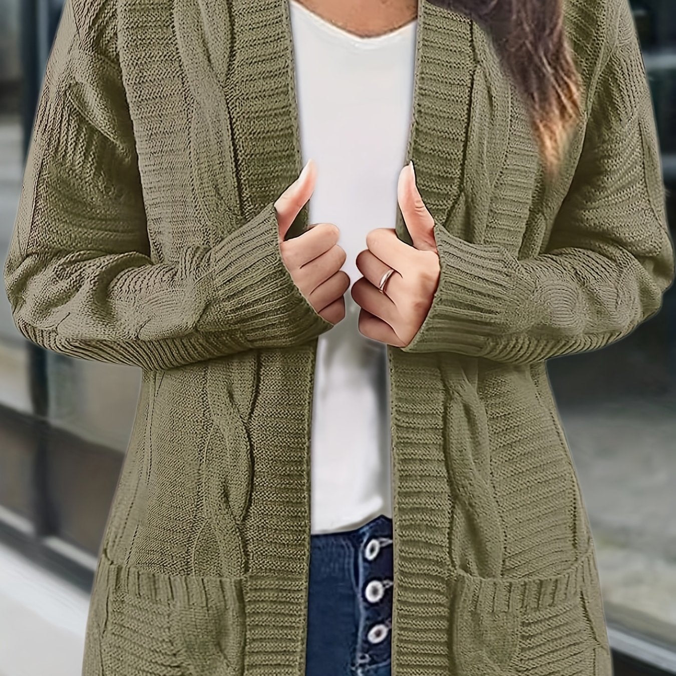 Sixsr Solid Cable Knit Cardigan, Casual Open Front Long Sleeve Sweater, Women's Clothing