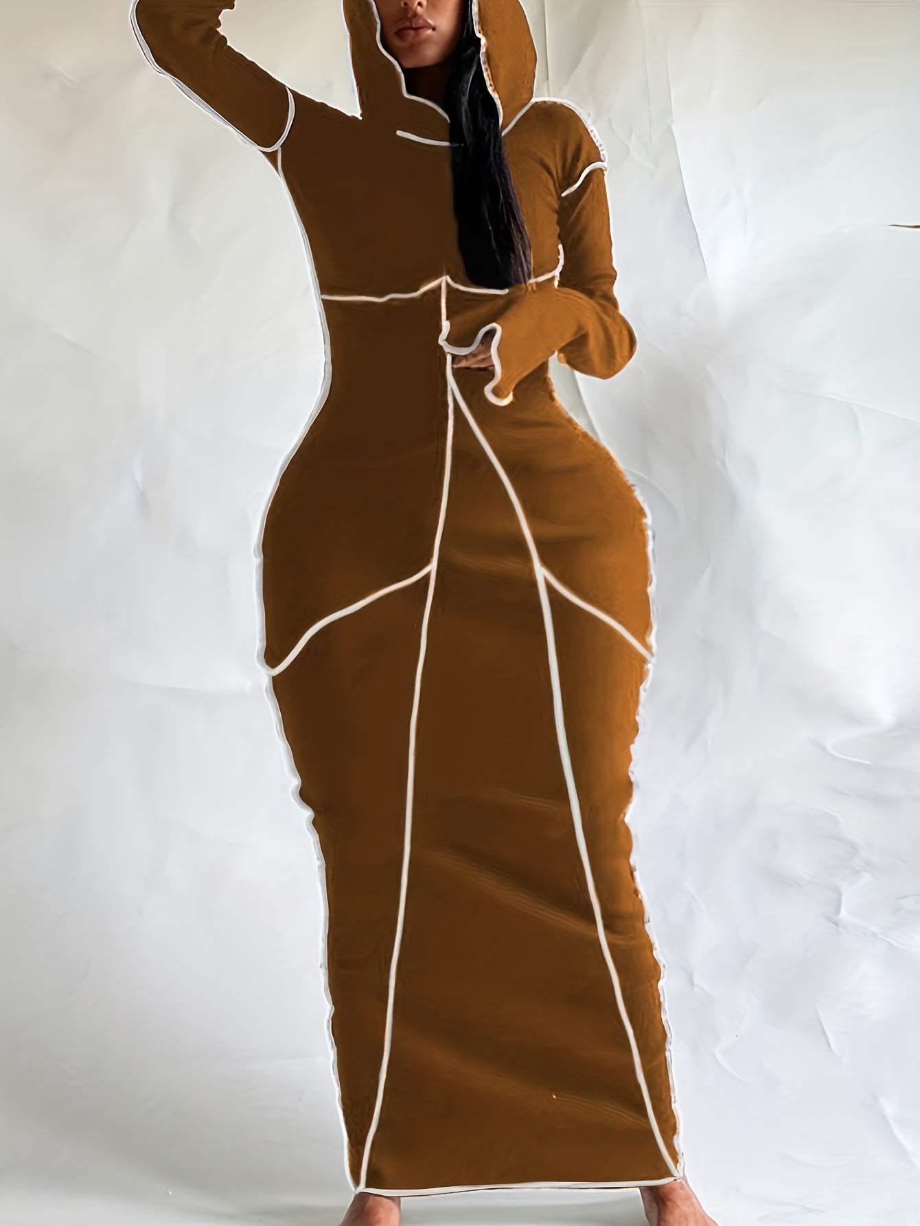 Sixsr Plus Size Seam Hoodie Slim Fit Long Sleeve Bodycon Maxi Dress, Women's Plus Casual Slight Stretch Bodycon Dress
