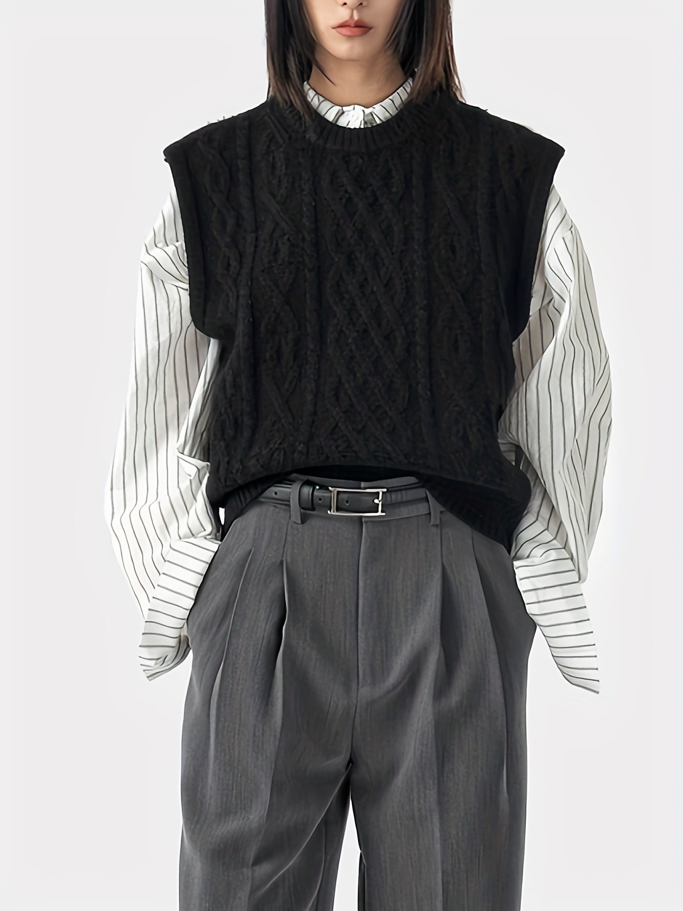 Sixsr Solid Chunky Knitted Sweater Vest, Vintage Crew Neck Sweater Vest For Fall & Winter, Women's Clothing