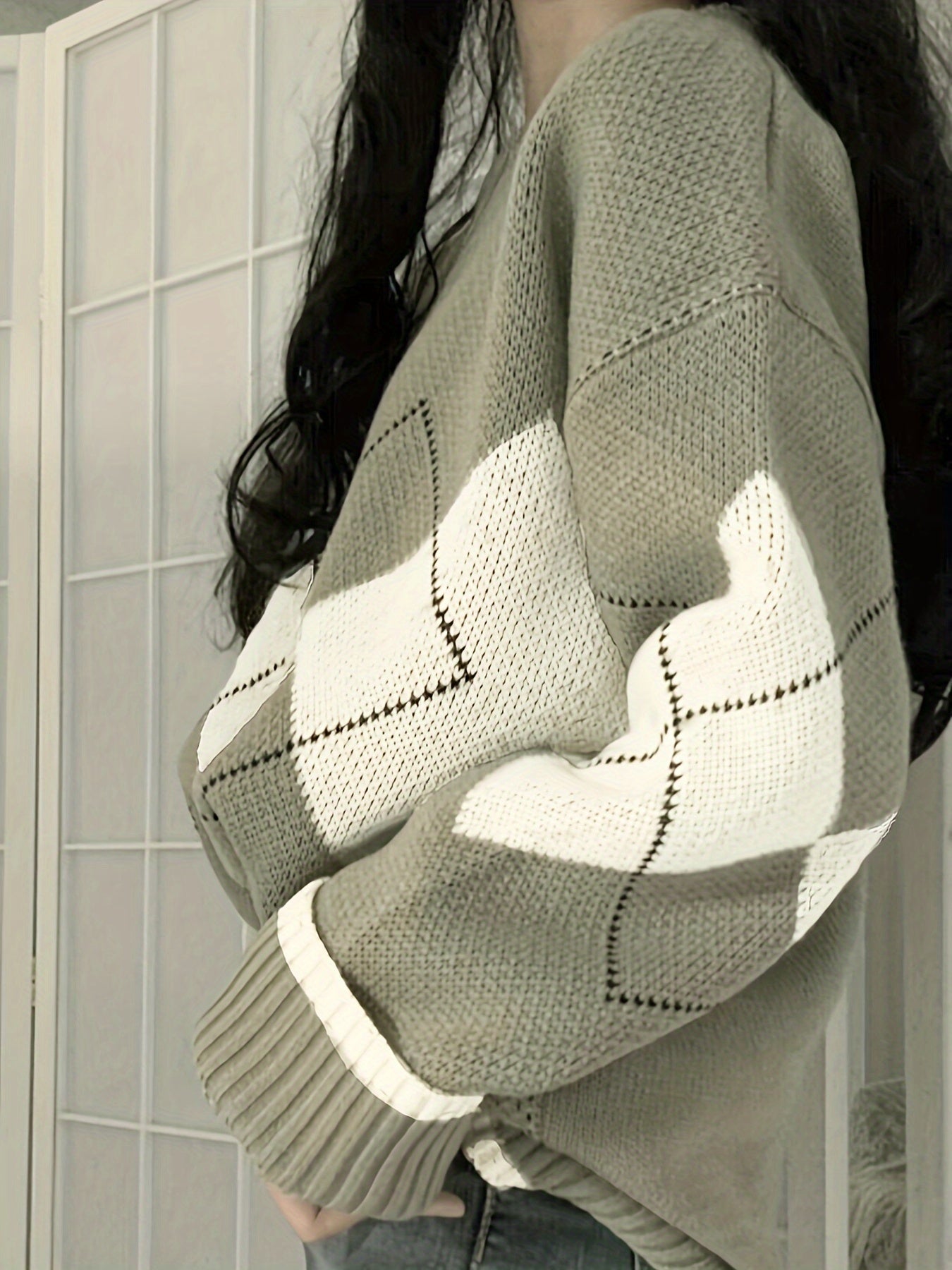 Sixsr Argyle Pattern Crew Neck Pullover Sweater, Vintage Long Sleeve Loose Sweater, Women's Clothing
