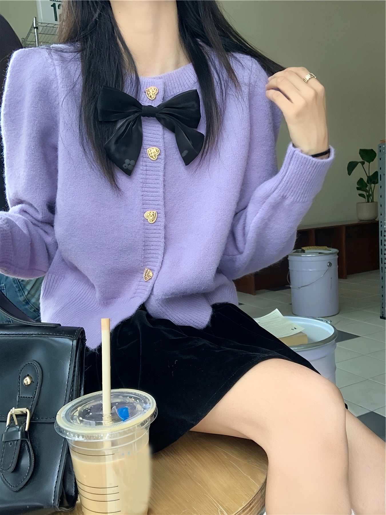 Sixsr Bow Button Up Knit Cardigan, Casual Long Sleeve Solid Sweet Sweater, Women's Clothing