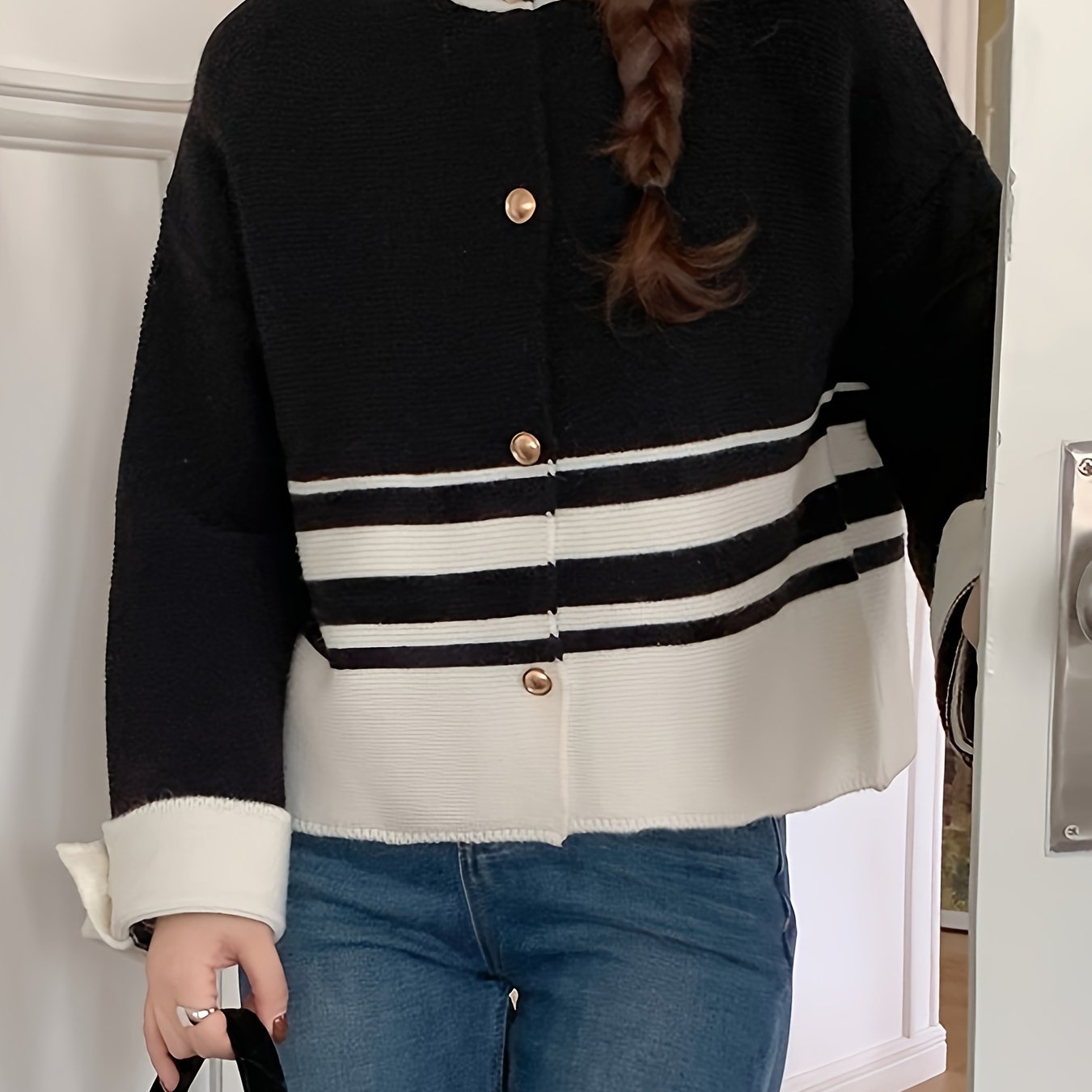 Sixsr Striped Pattern Single Breasted Cardigan, Vintage Long Sleeve Knit Outwear For Fall & Winter, Women's Clothing