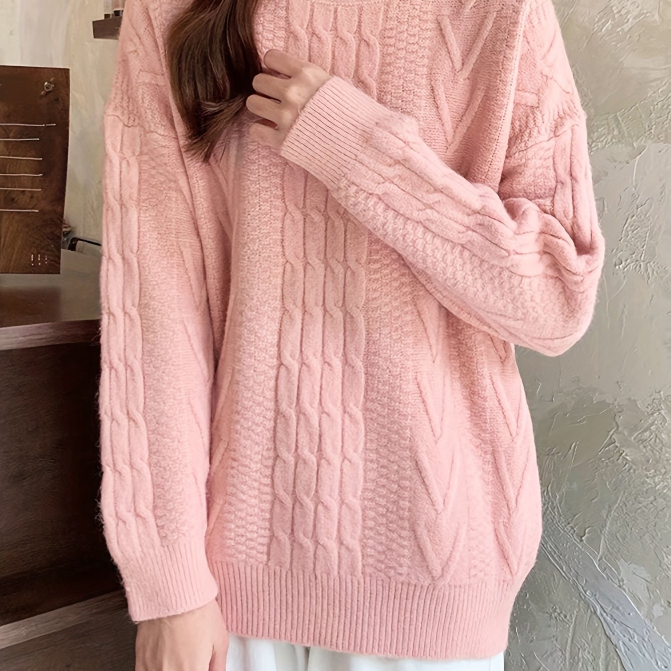 Sixsr Solid Cable Twist Knit Sweater, Casual Long Sleeve Pullover Sweater, Women's Clothing