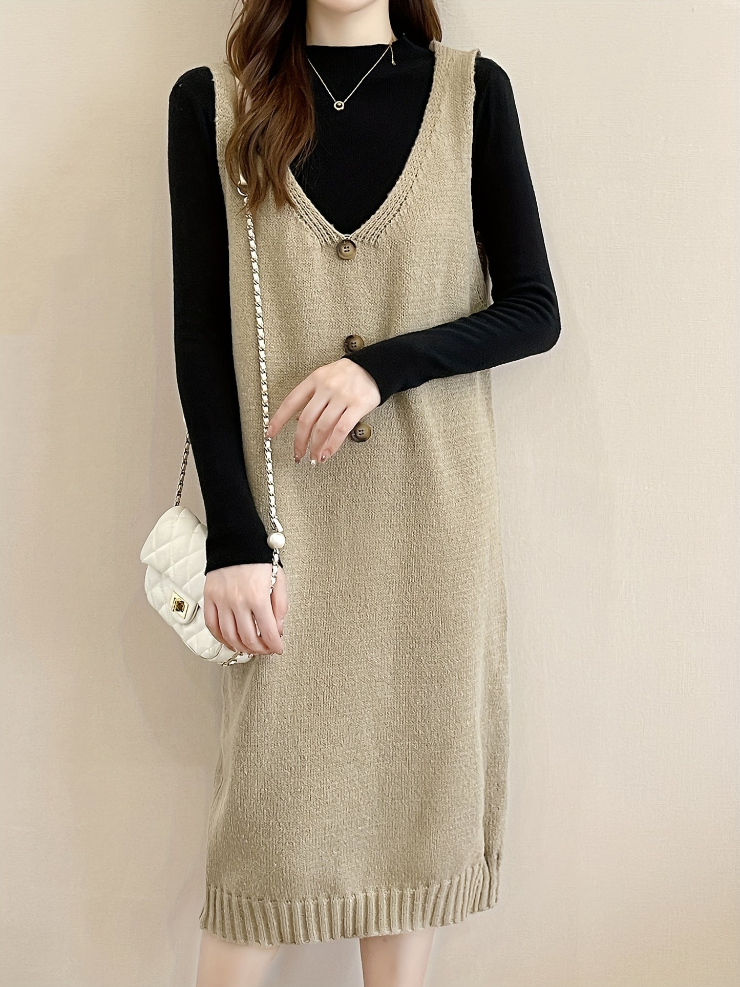 Sixsr Plunging Solid Midi Dress, Elegant Sleeveless Knitted Dress With Buttons, Women's Clothing