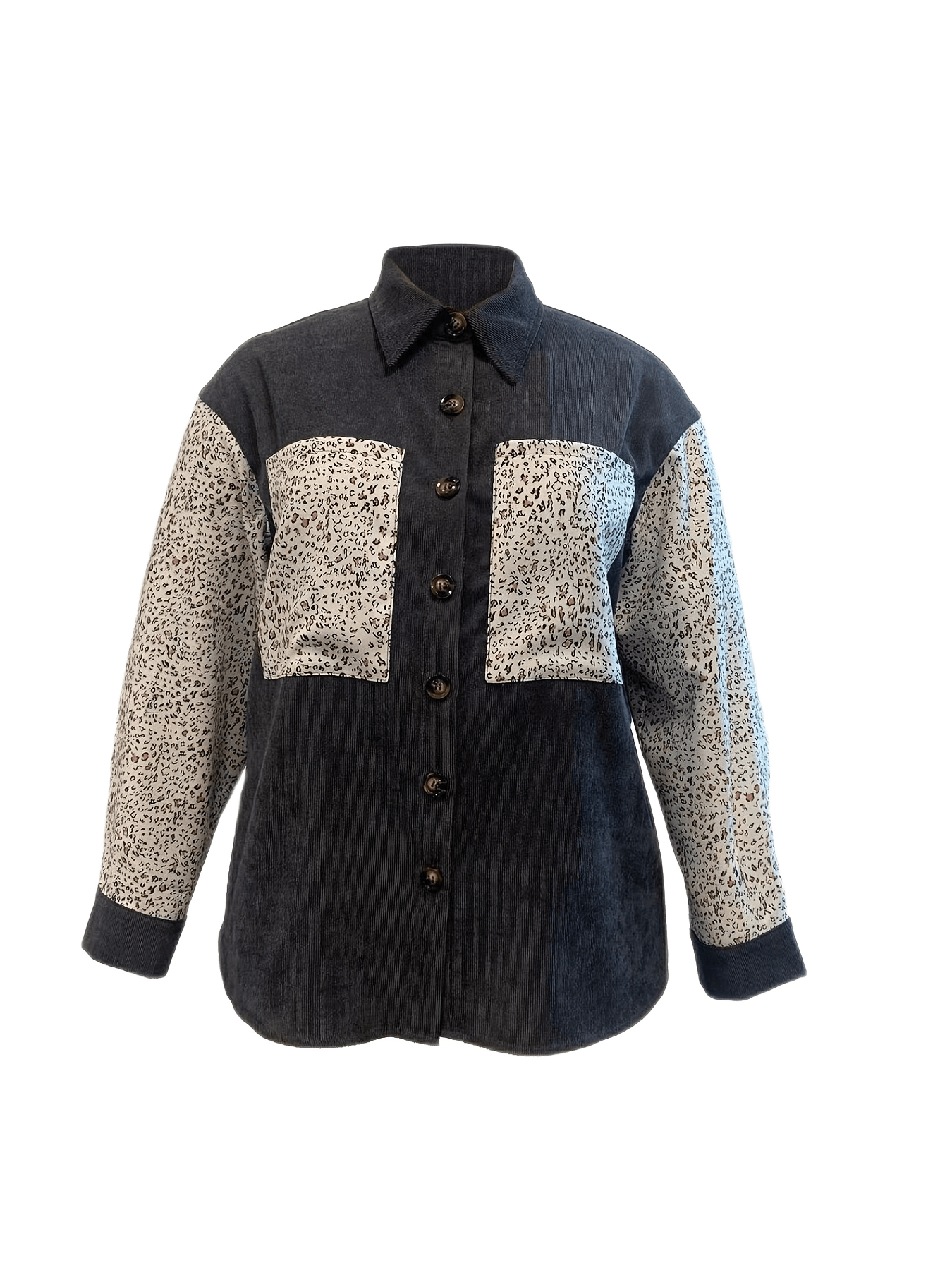 Sixsr Plus Size Casual Shirt Coat, Women's Plus Colorblock Leopard Print Button Up Long Sleeve Turn Down Collar Shacket