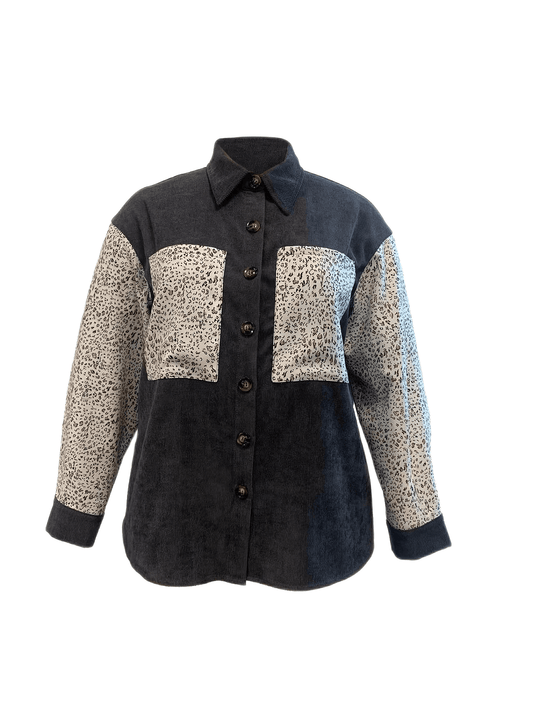 Sixsr Plus Size Casual Shirt Coat, Women's Plus Colorblock Leopard Print Button Up Long Sleeve Turn Down Collar Shacket