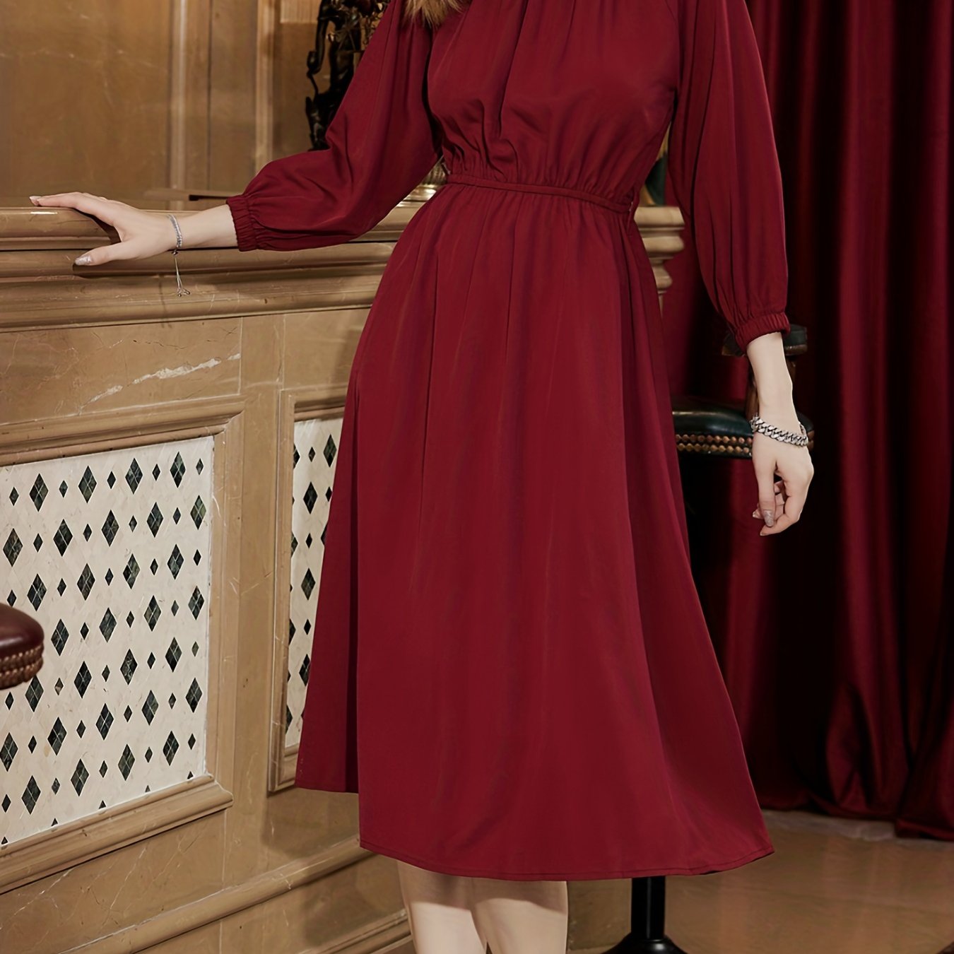 Sixsr Solid Ruched Dress, Elegant Slim Waist Simple Midi Dress, Women's Clothing