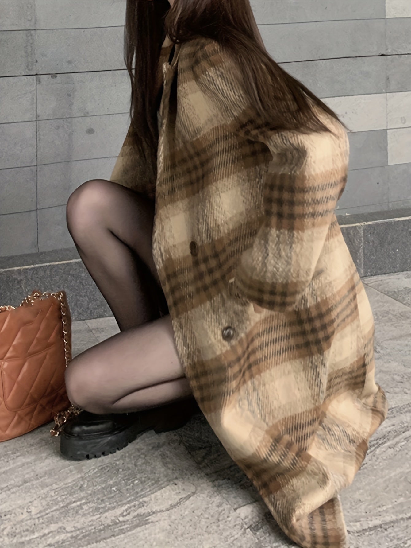 Sixsr Plaid Print Double-breasted Coat, Elegant Notched Collar Long Sleeve Knee Length Coat, Women's Clothing